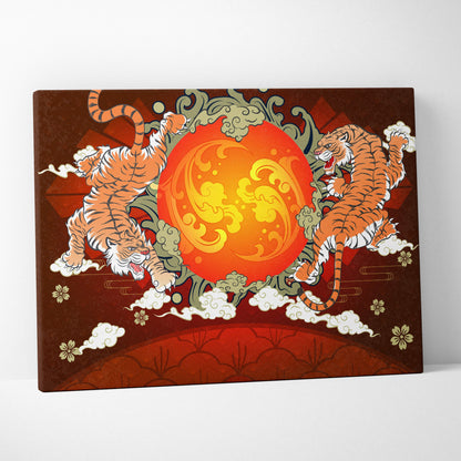 Vibrant twin tigers sun canvas wall art features orange brown japanese pattern with bold animal design and gold accents