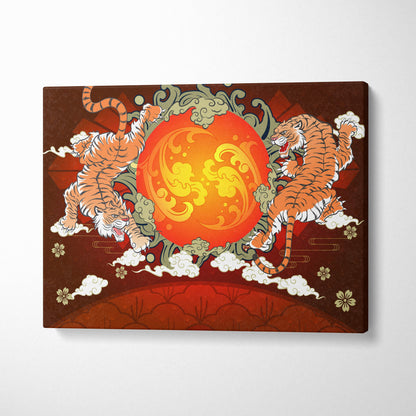 A vibrant twin tigers sun canvas wall art with orange brown Japanese pattern and bold Asian animal decor