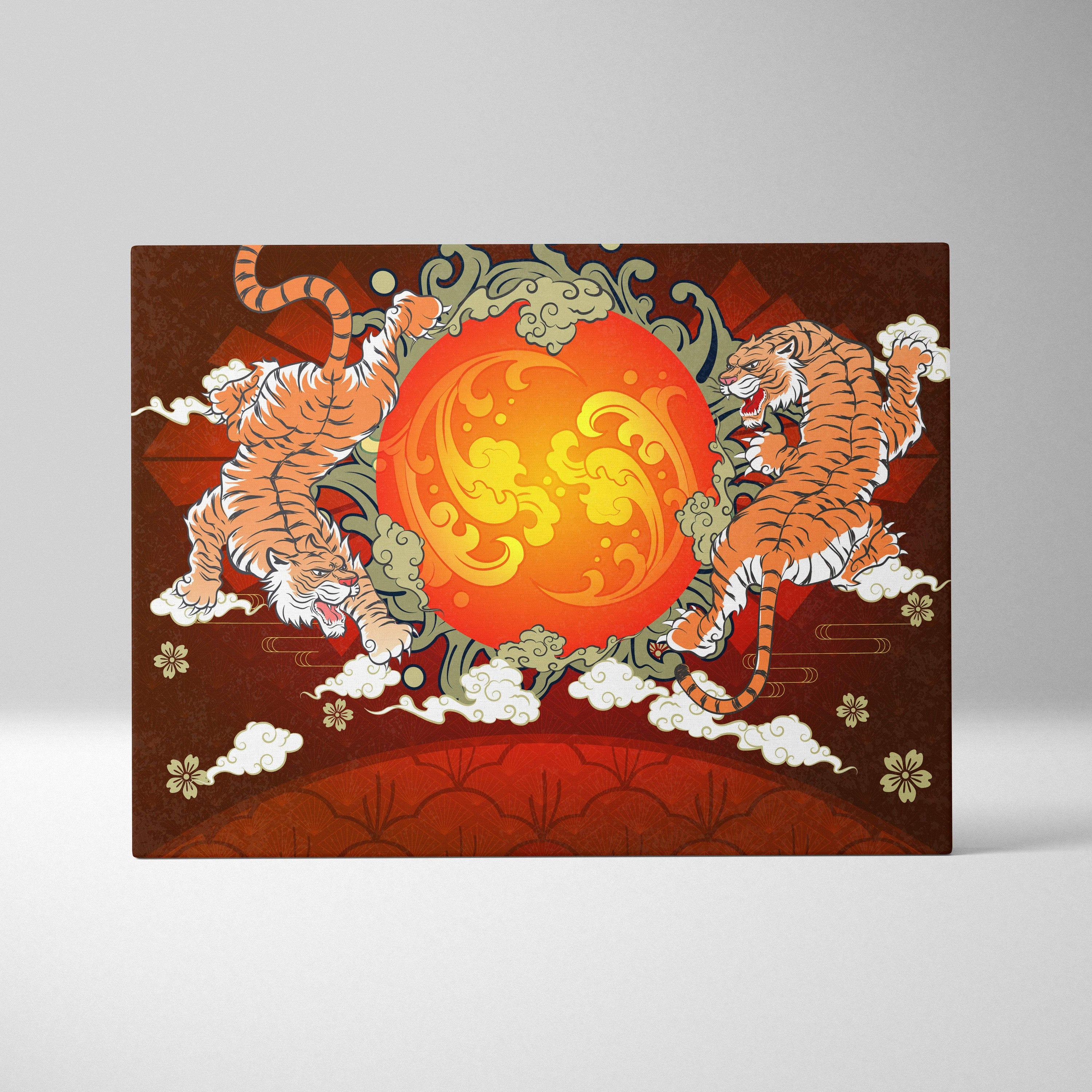 Twin tigers sun canvas wall art featuring orange and brown japanese pattern with bold animal decor for living room and bedroom