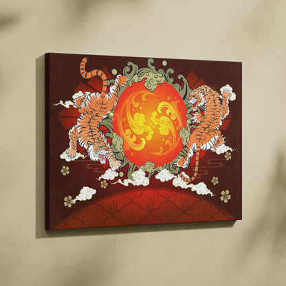 A vibrant canvas wall art featuring two orange tigers leaping around a red and gold motif on maroon background