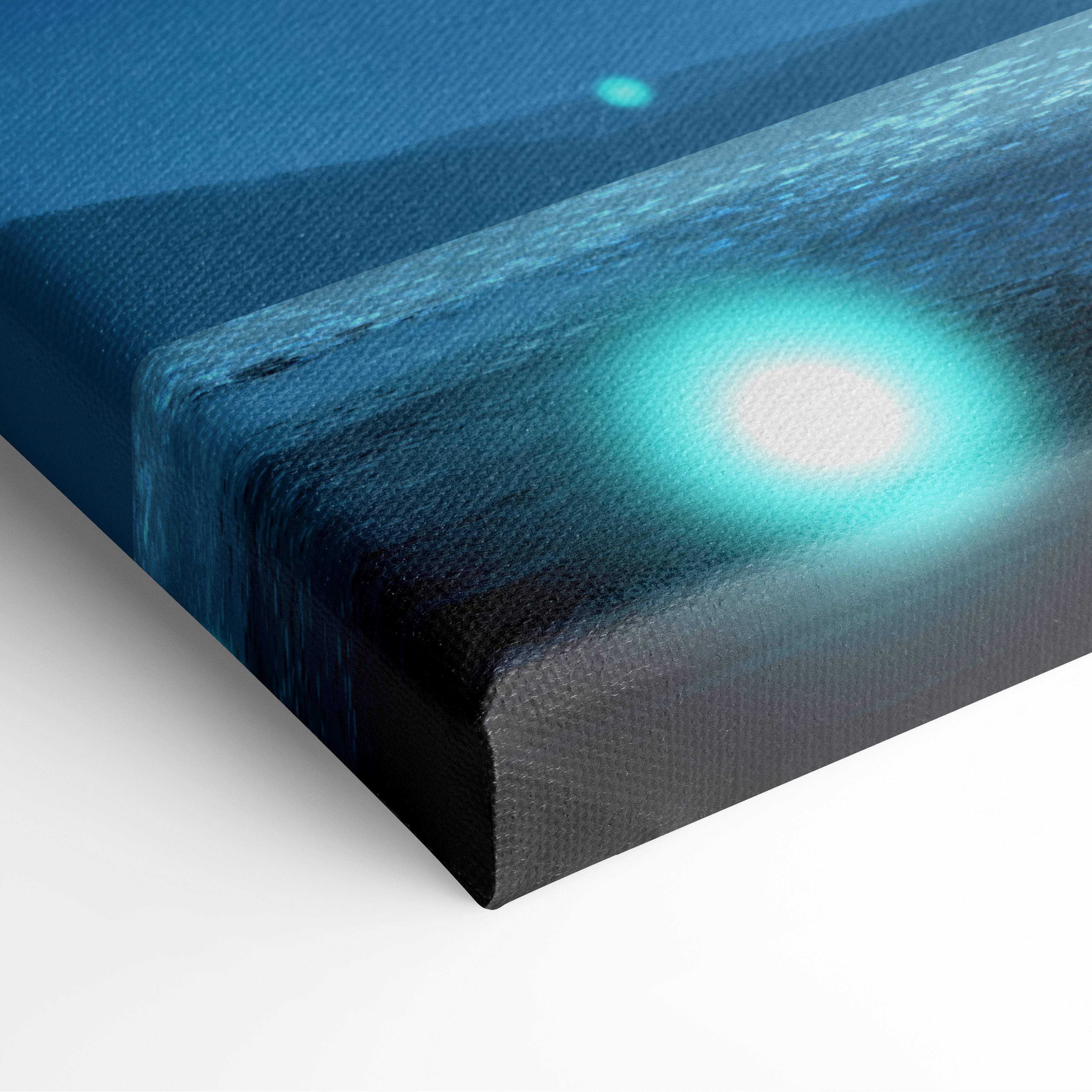 Moonlit samurai serenity canvas wall art featuring textured deep blue ocean scene with glowing turquoise light effects
