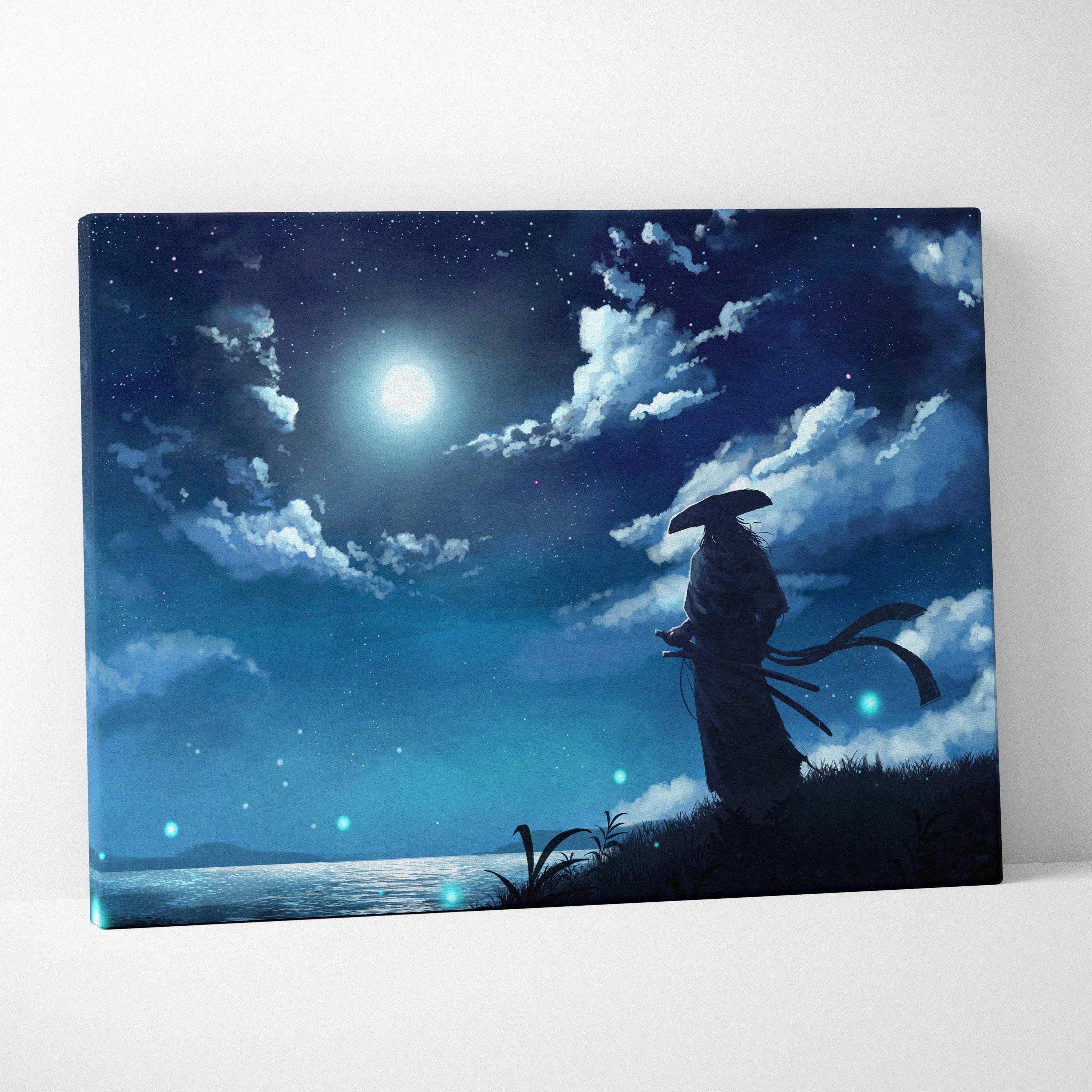 Moonlit samurai serenity rectangular canvas print featuring a dark silhouette against a deep blue starry night sky