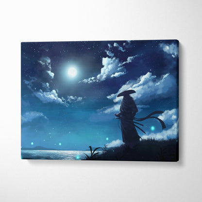 Blue-toned canvas print of a silhouetted samurai by water under a bright moon in a tranquil starry night sky