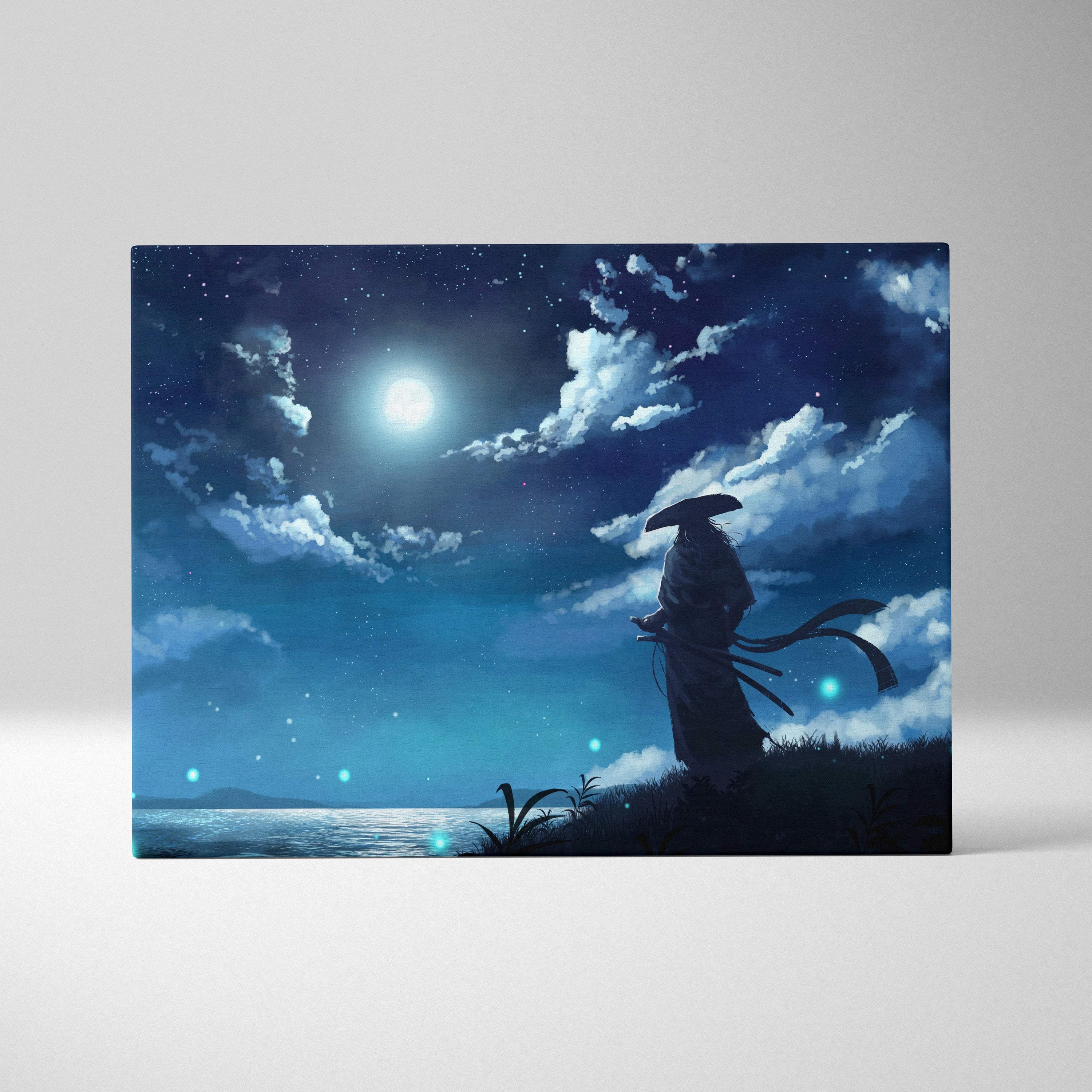Moonlit samurai serenity canvas wall art featuring a silhouetted warrior by water under a bright moon in blue tones