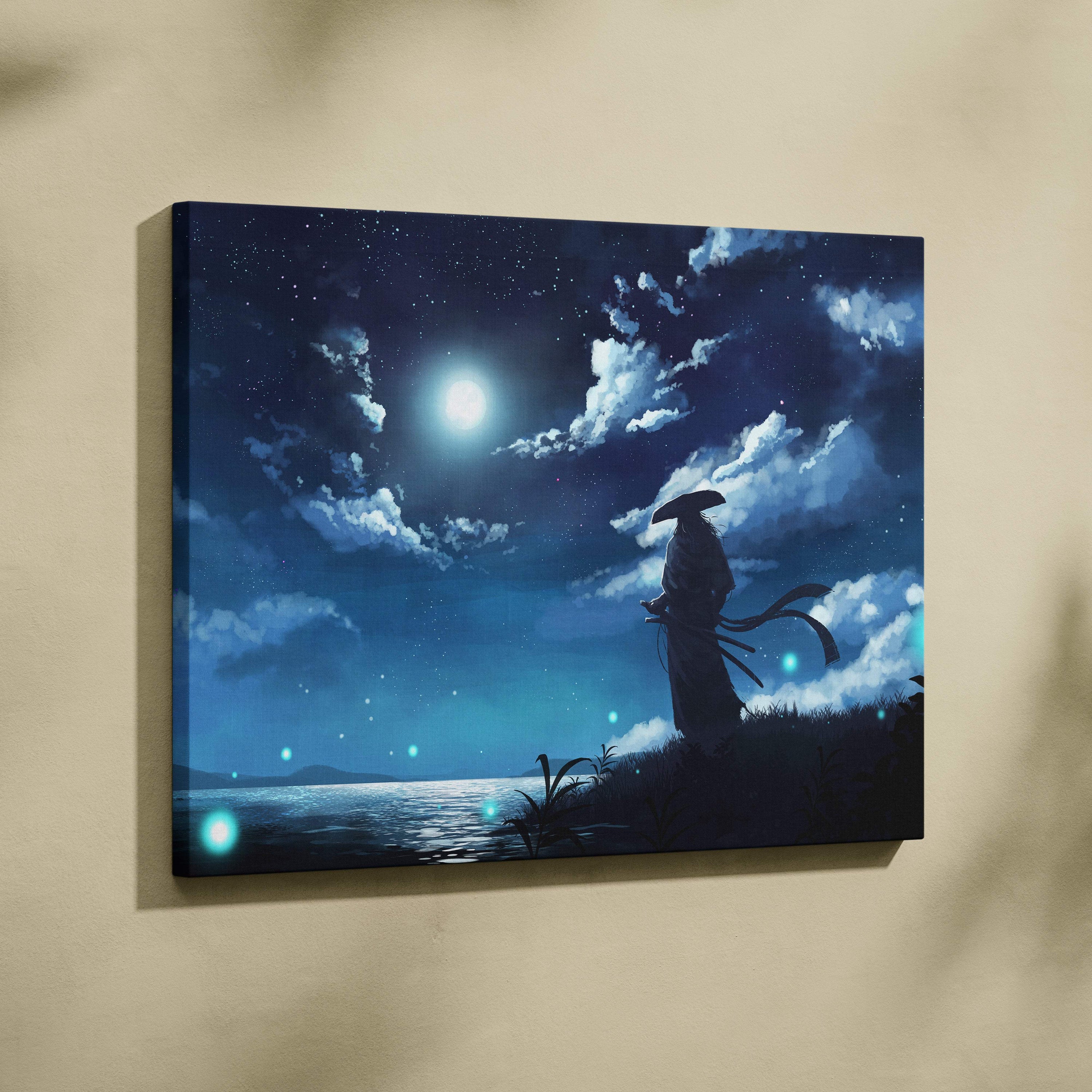 Rectangular canvas print of a silhouetted samurai by water under a starry night with a bright moon and blue orbs