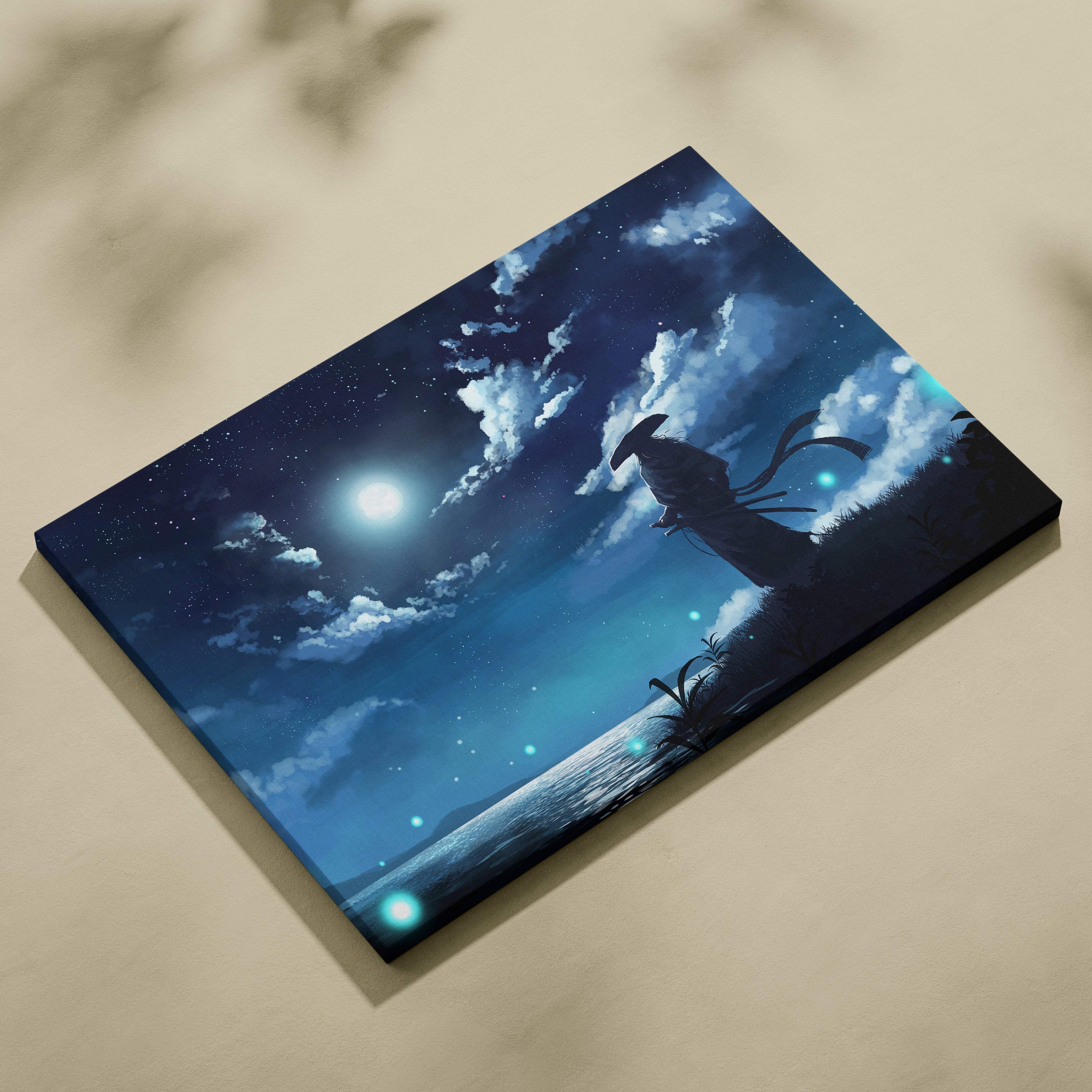 Rectangular canvas print of a serene moonlit samurai by water with bright moon and starry night in deep blue tones