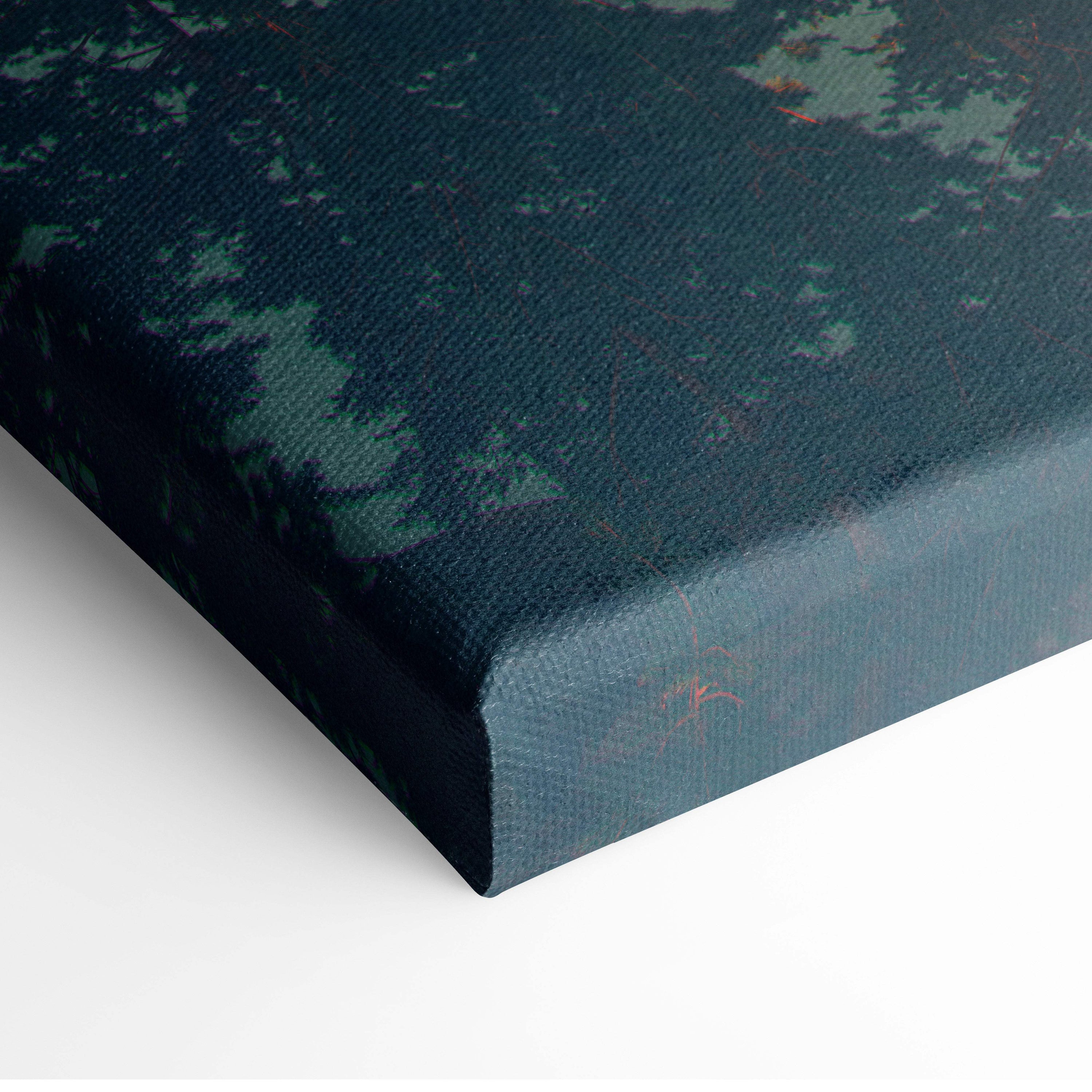 Dark teal canvas print featuring a textured forest design in sci-fi ufo abduction art over mountain lake scene