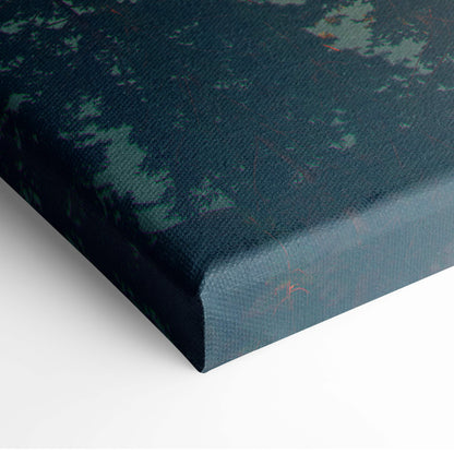 Dark teal canvas print featuring a textured forest design in sci-fi ufo abduction art over mountain lake scene