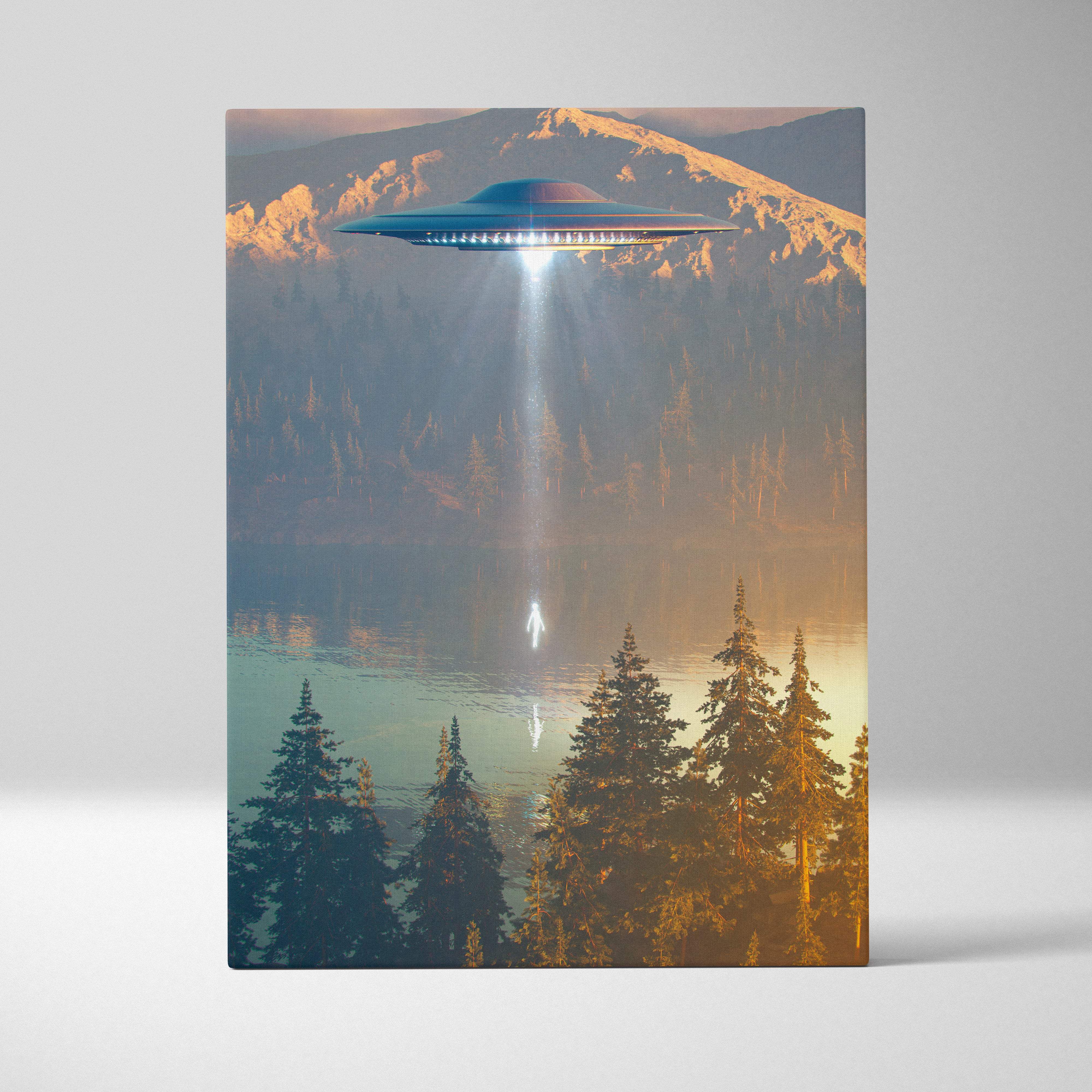 Ufo abduction canvas wall art featuring a sleek metallic blue and silver ufo with glowing lights over a misty lake
