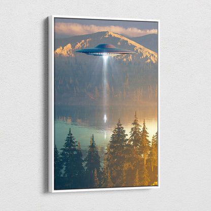 A framed canvas print of a sleek metallic blue ufo hovering over a mountain lake with golden light beams shining down