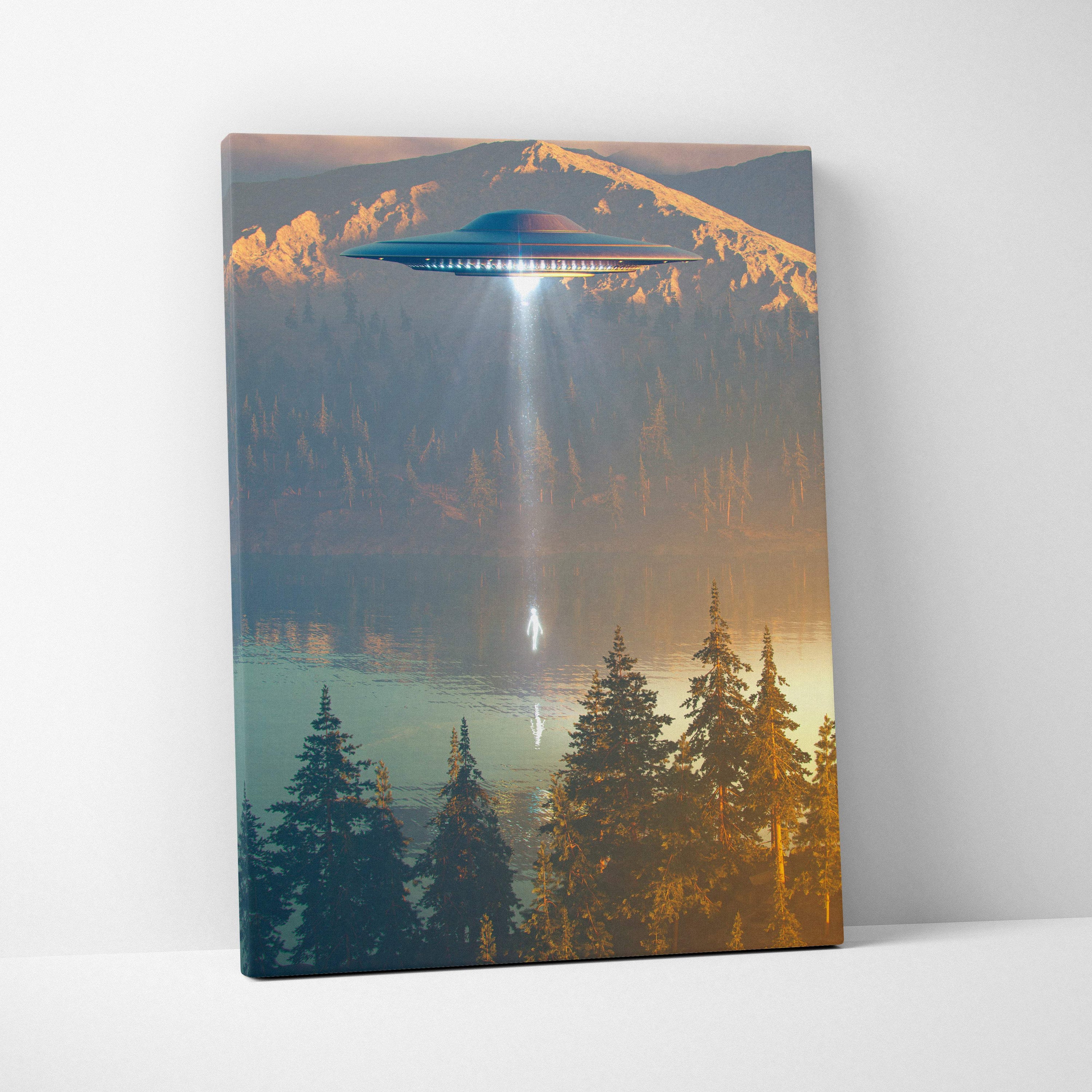 Ufo abduction canvas wall art featuring a sleek metallic blue ufo over a misty mountain lake at sunset