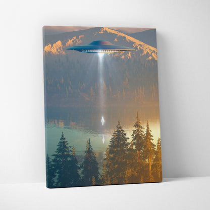 Ufo abduction canvas wall art featuring a sleek metallic blue ufo over a misty mountain lake at sunset