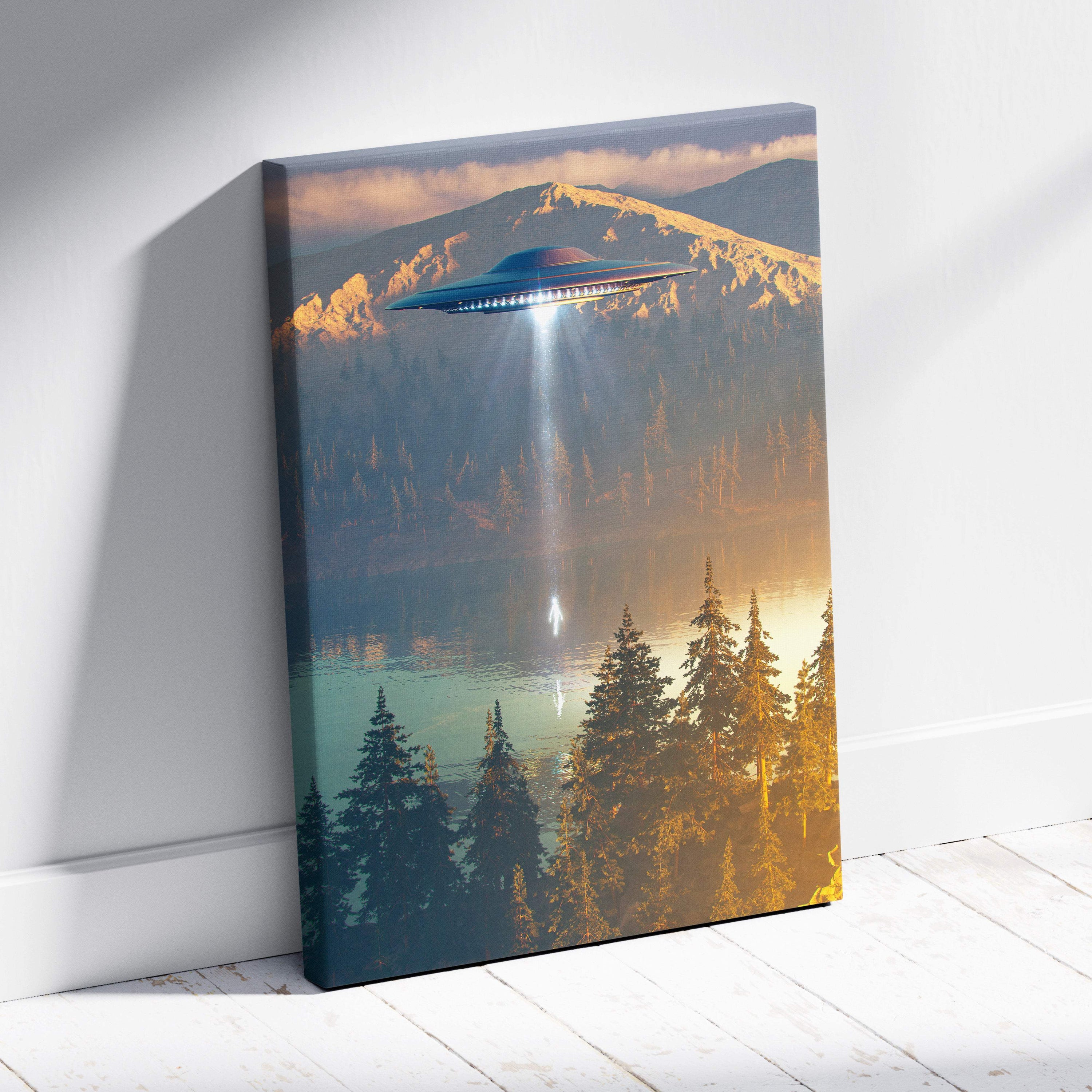 A canvas print of a sleek dark blue ufo with glowing lights over a mountain lake at sunset with beam light