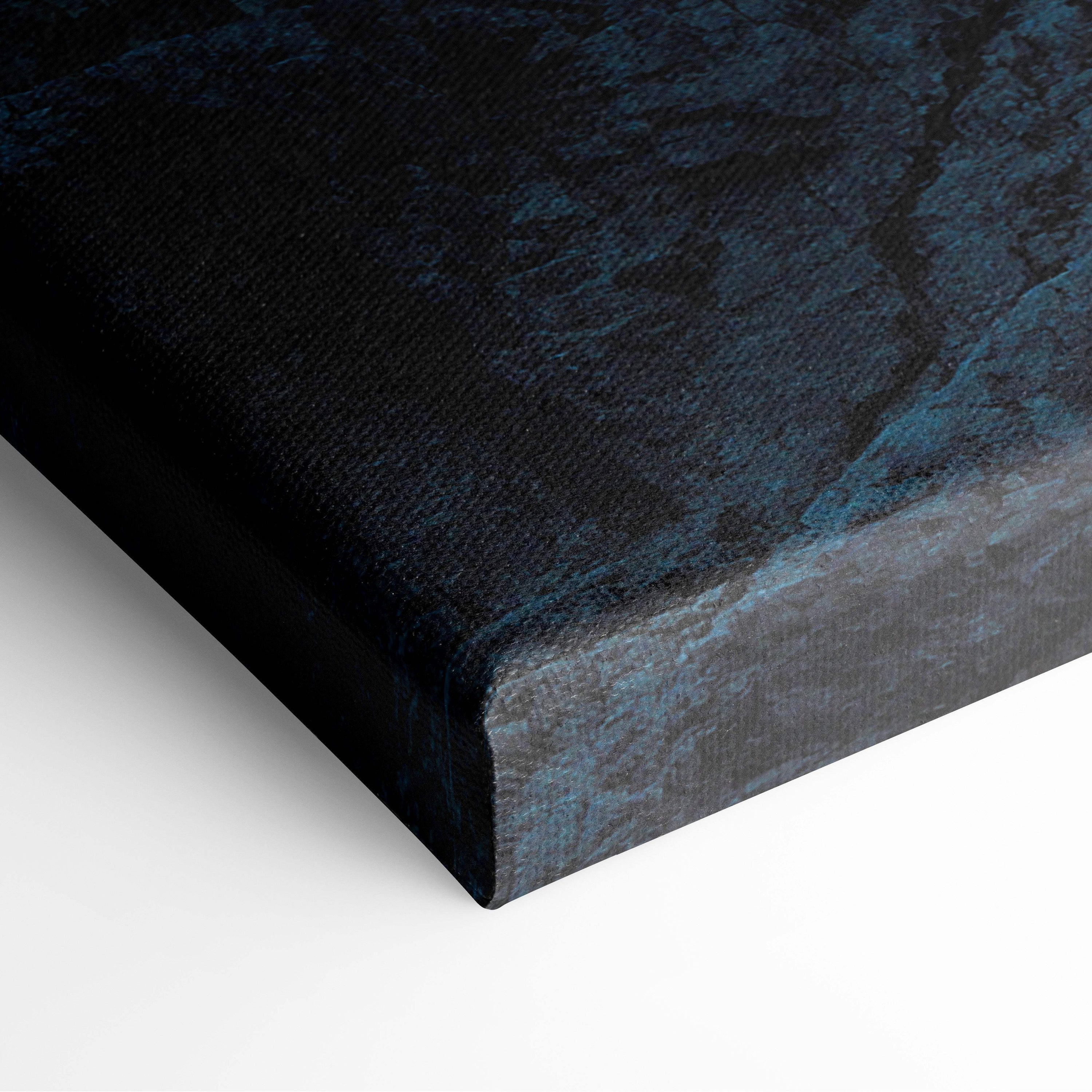 Epic dragon encounter canvas wall art with textured deep blue abstract paint strokes on black canvas background