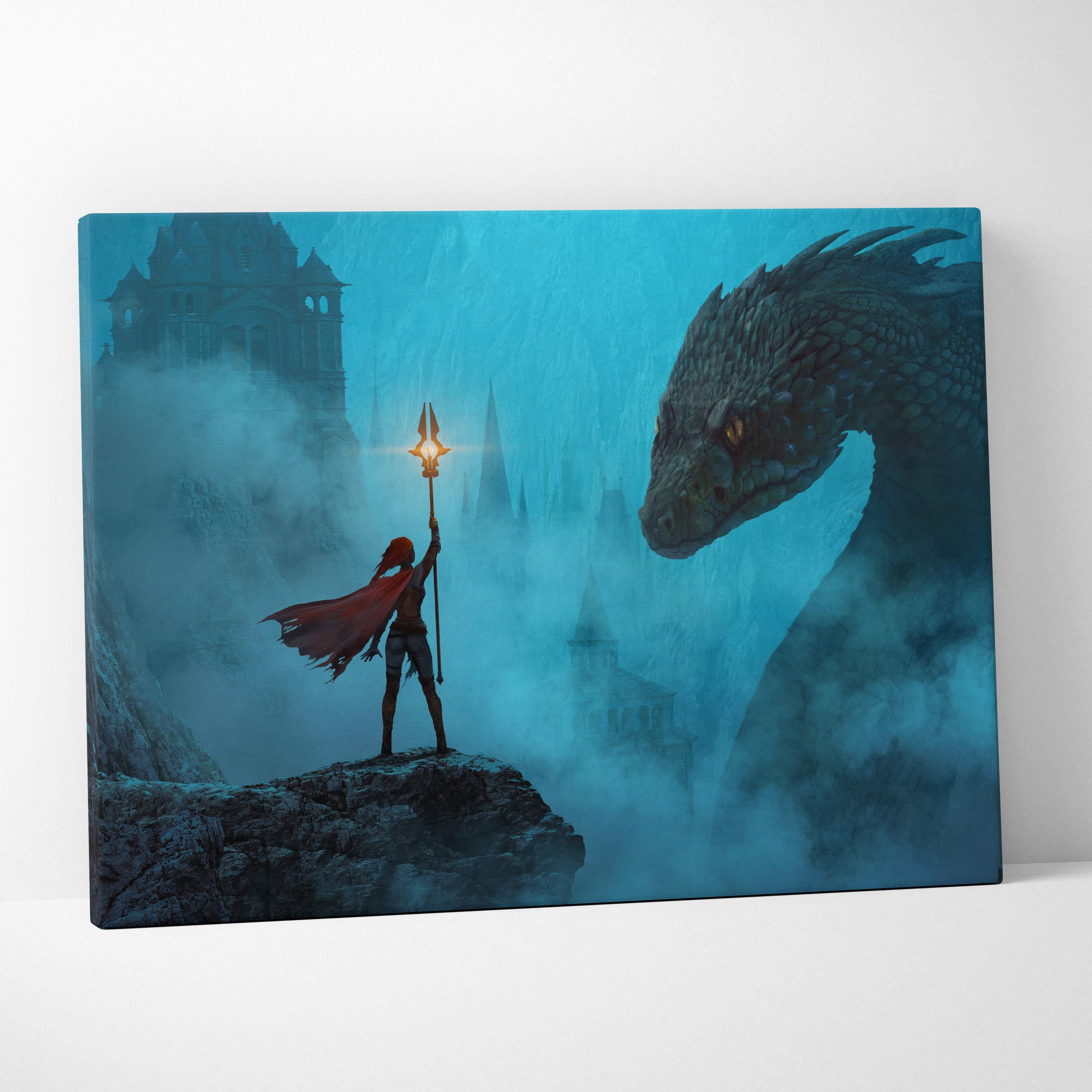 Epic dragon encounter canvas wall art showing a red-cloaked warrior with glowing torch facing a dark dragon in misty blue landscape
