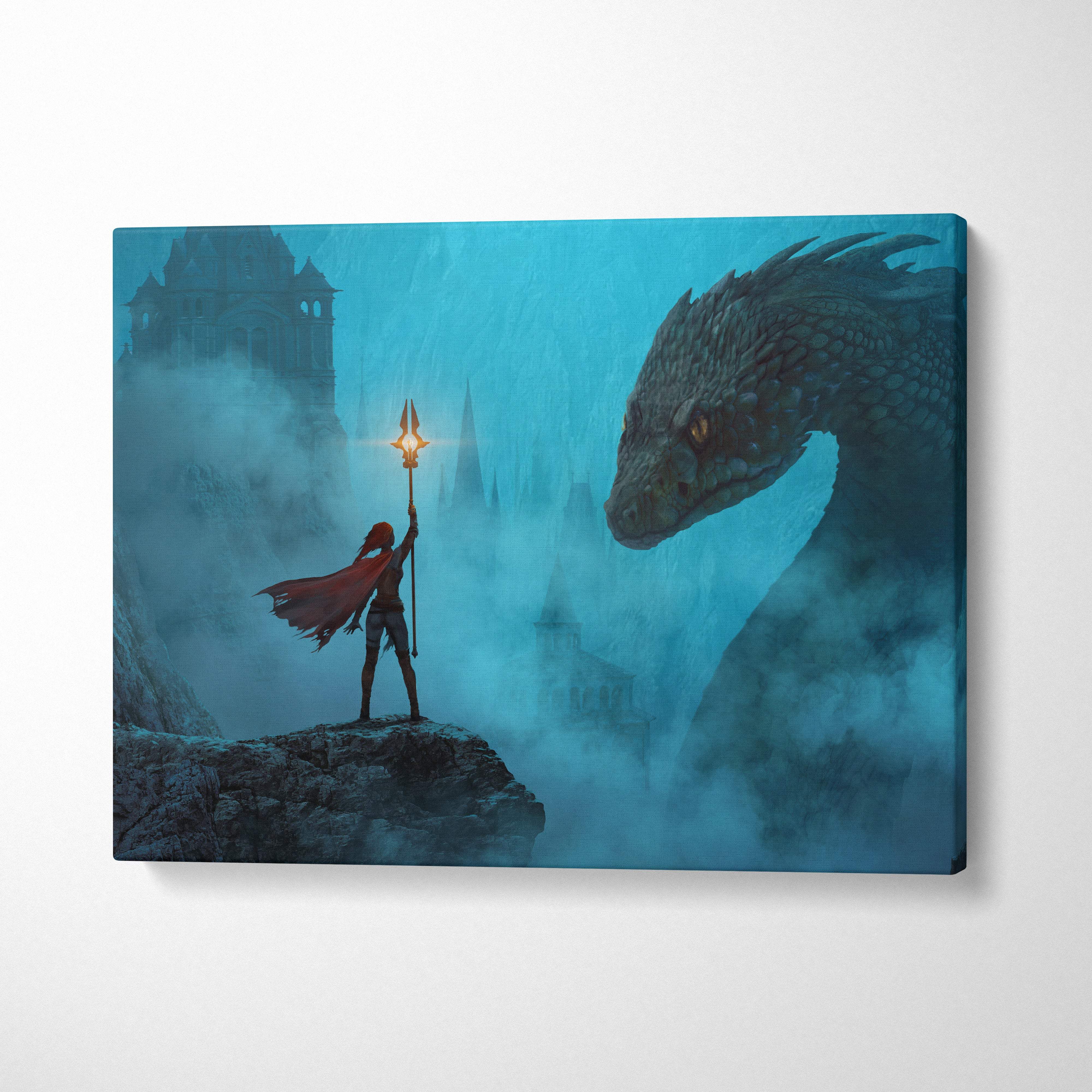 Rectangular canvas wall art featuring a red-cloaked warrior with glowing torch facing a dark dragon in misty blue fantasy scene