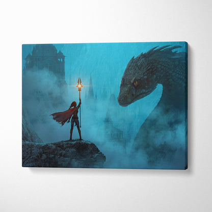 Rectangular canvas wall art featuring a red-cloaked warrior with glowing torch facing a dark dragon in misty blue fantasy scene