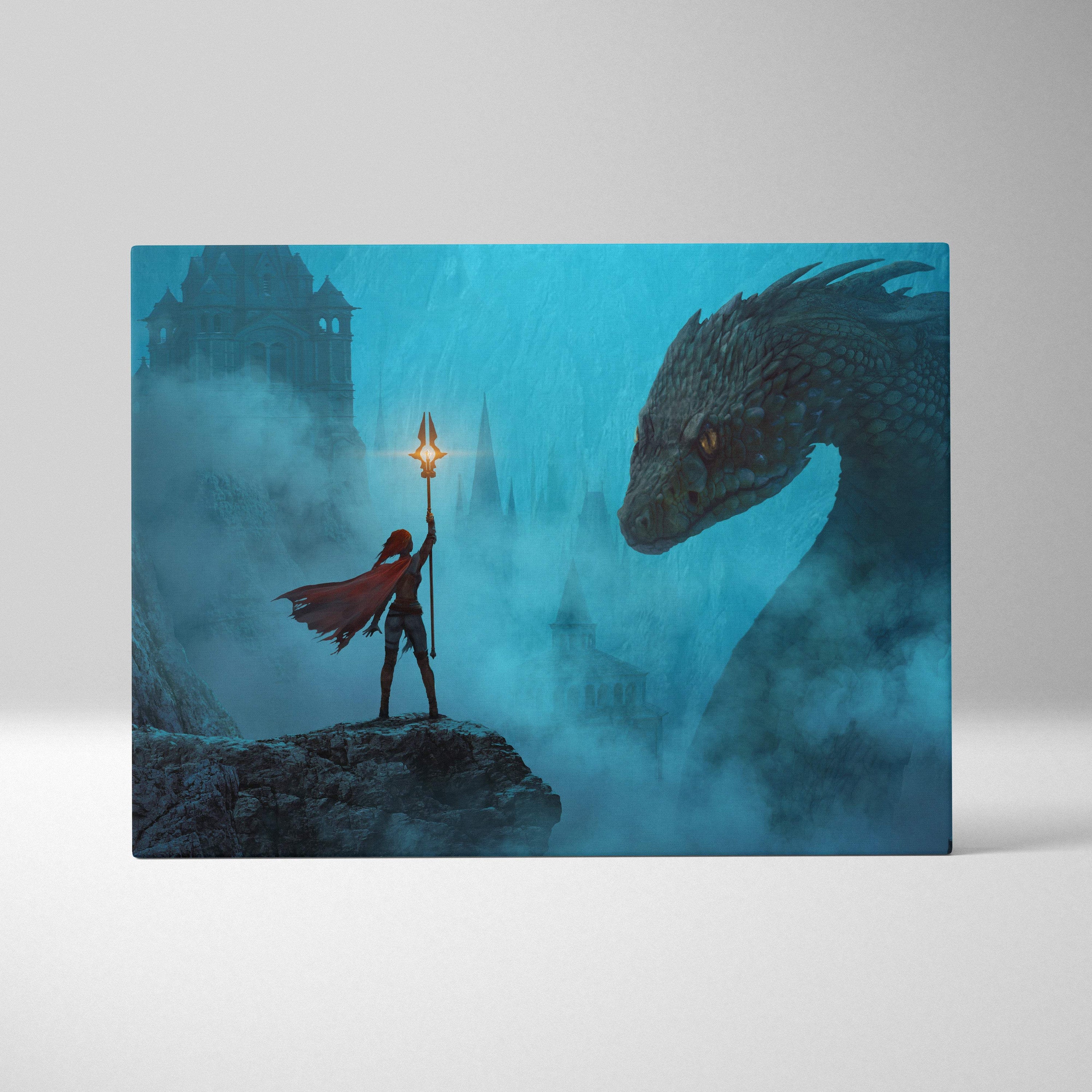 Rectangular canvas print of a red-cloaked warrior with a glowing torch facing a dark dragon in a misty blue fantasy scene