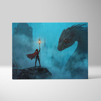 Rectangular canvas print of a red-cloaked warrior with a glowing torch facing a dark dragon in a misty blue fantasy scene