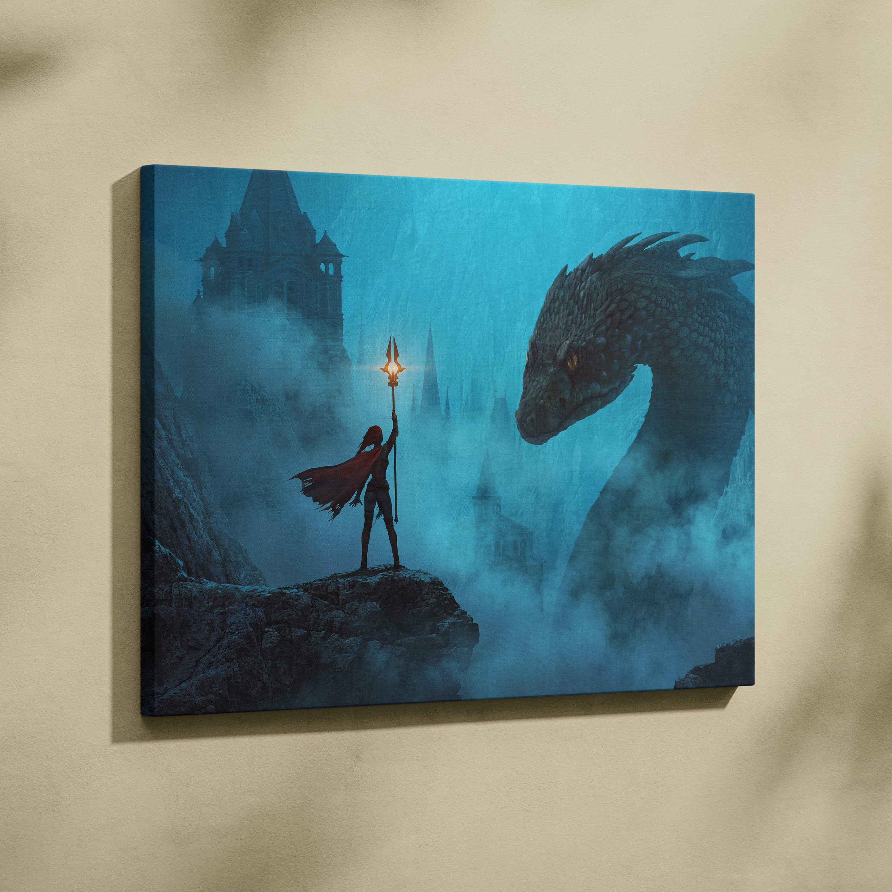 Blue canvas print of a lone warrior with red cape holding glowing torch facing giant dragon in misty gothic landscape