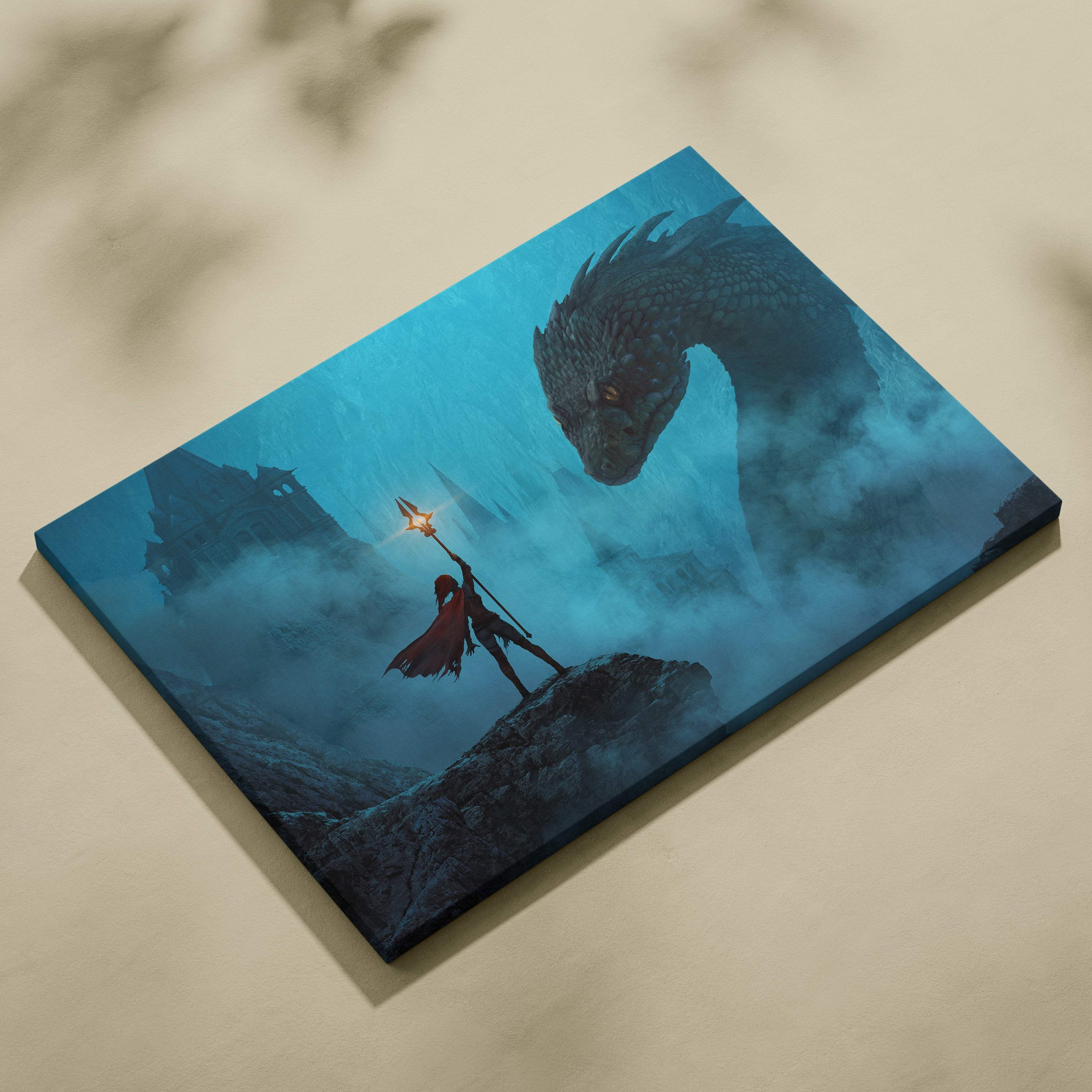 Blue canvas wall art showing a lone warrior with a glowing torch facing a massive dragon in a misty blue landscape