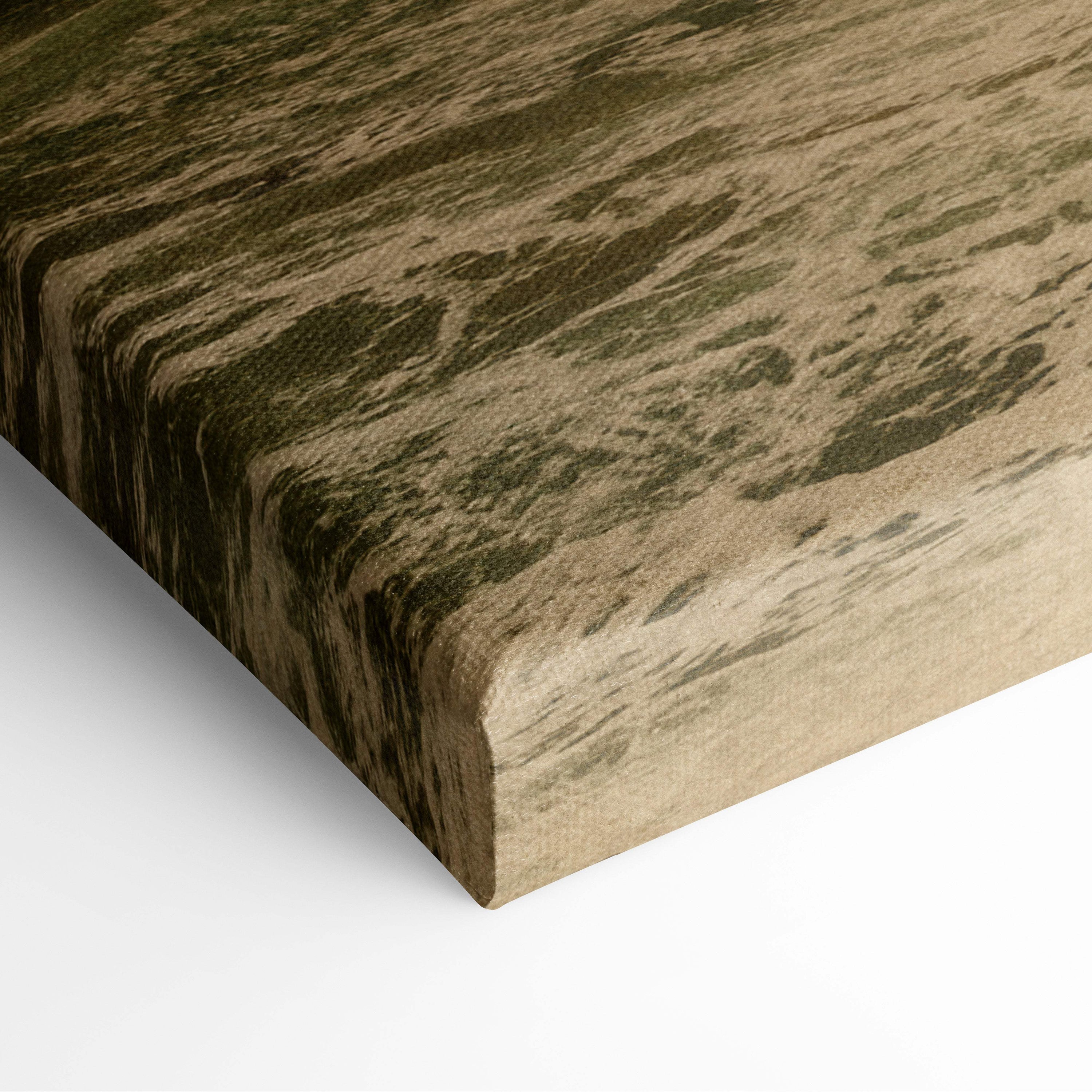 Dark fantasy skull fortress canvas wall art with textured earthy camouflage pattern in olive green and tan tones