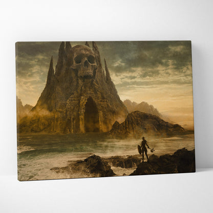 Dark fantasy skull fortress canvas wall art featuring a massive stone skull mountain with spires against a sunset sky