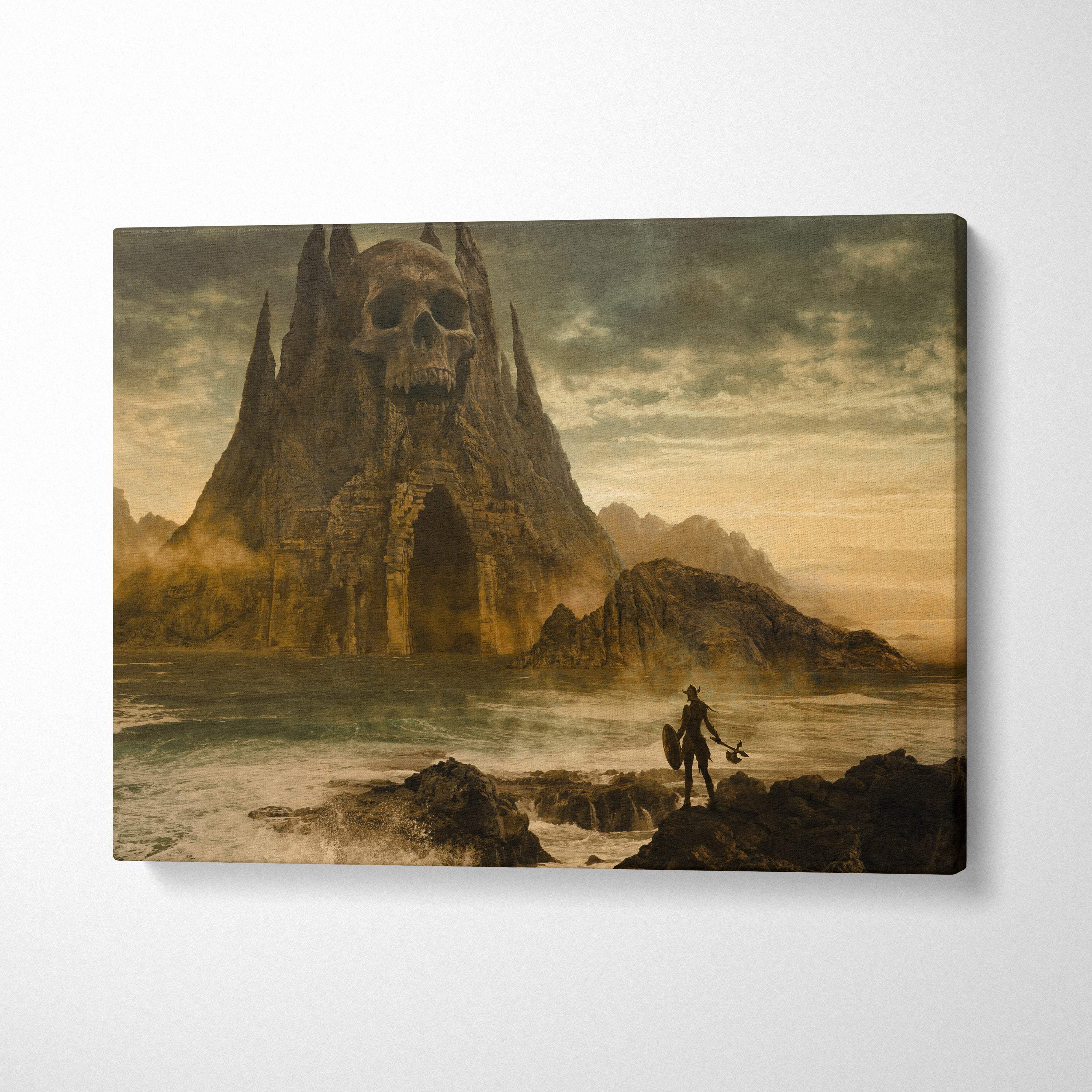 Dark fantasy skull fortress canvas wall art featuring a sepia stone skull mountain with jagged spires by stormy sea