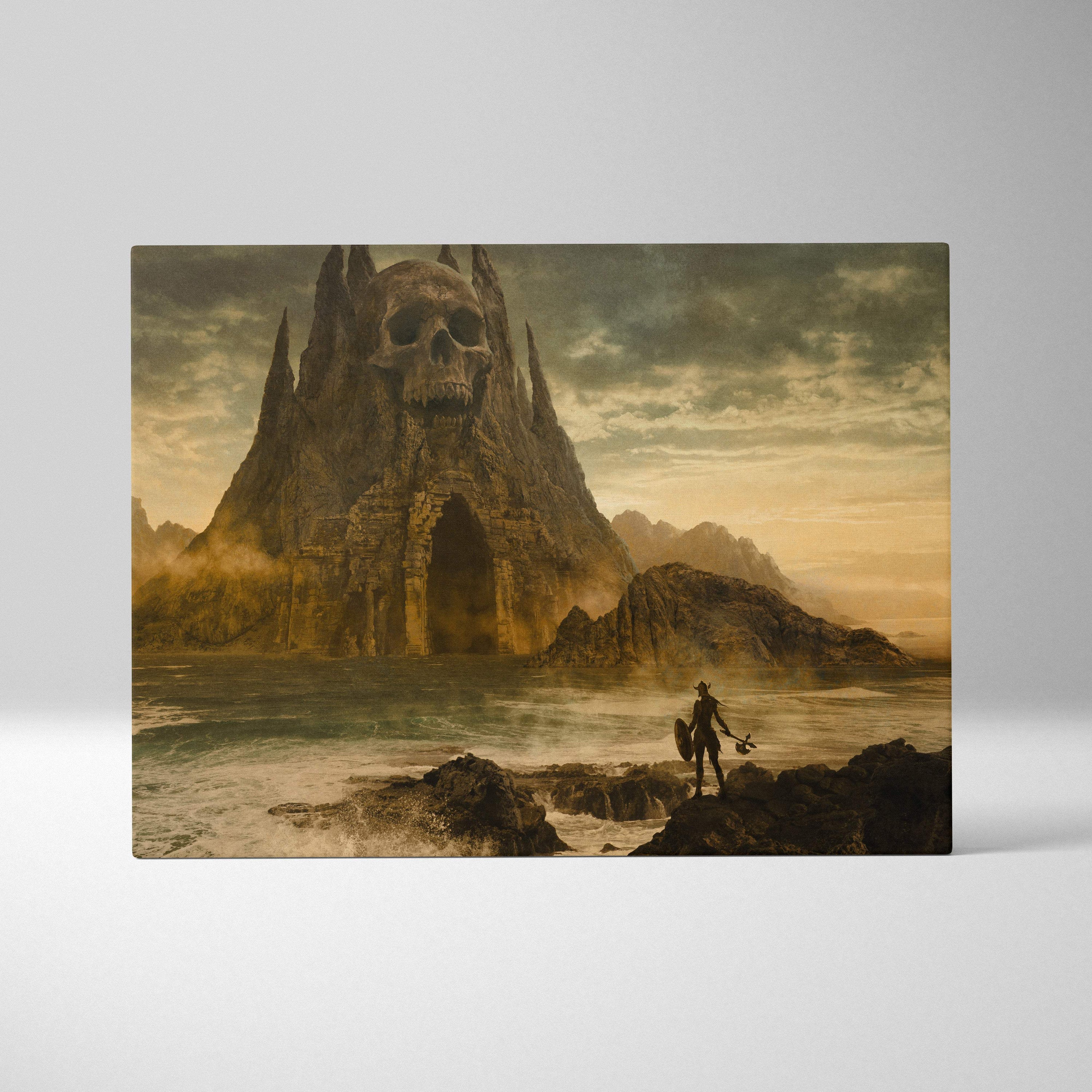 Dark fantasy skull fortress canvas wall art featuring a sepia gothic landscape with a warrior facing an ancient skull mountain
