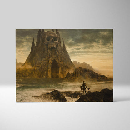 Dark fantasy skull fortress canvas wall art featuring a sepia gothic landscape with a warrior facing an ancient skull mountain