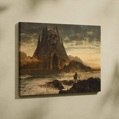 Dark fantasy skull fortress canvas wall art featuring a lone warrior before a sepia gothic skull mountain under stormy sky