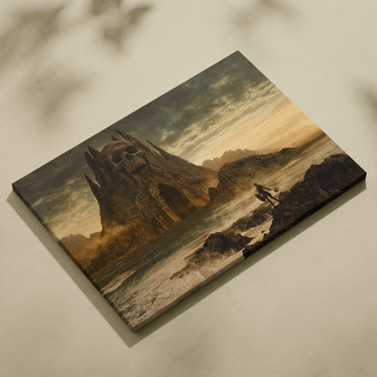 Dark fantasy skull fortress canvas wall art with sepia gothic landscape featuring a skull-shaped rock under stormy sky