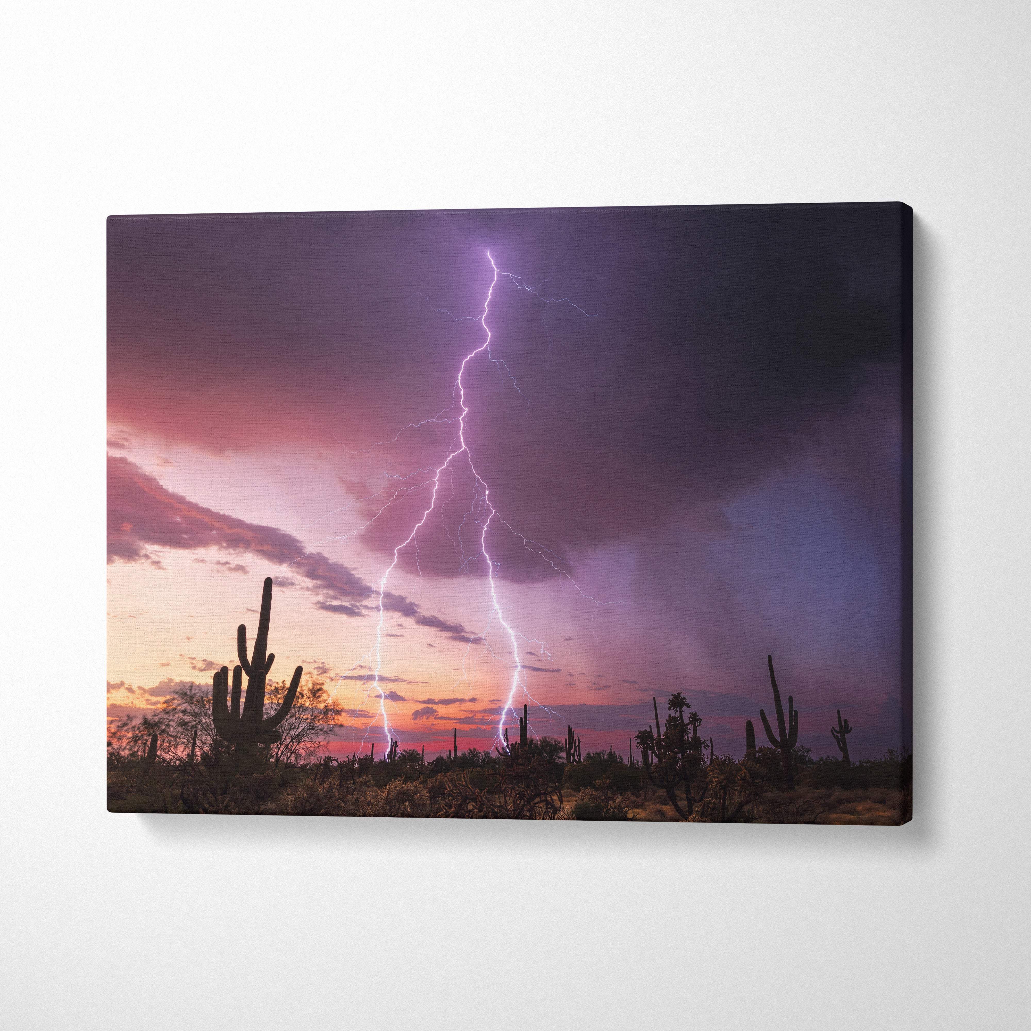 Desert lightning storm canvas art showing a dramatic purple sunset sky and cacti landscape on canvas print