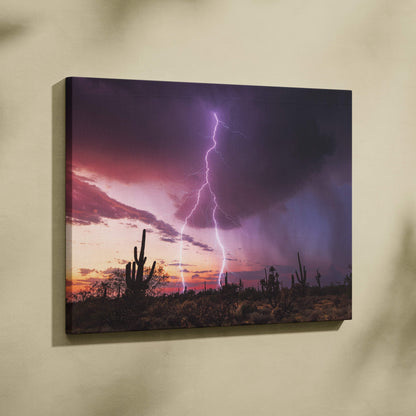Canvas print of a dramatic lightning strike over desert cacti under a purple sunset sky southwestern wall decor