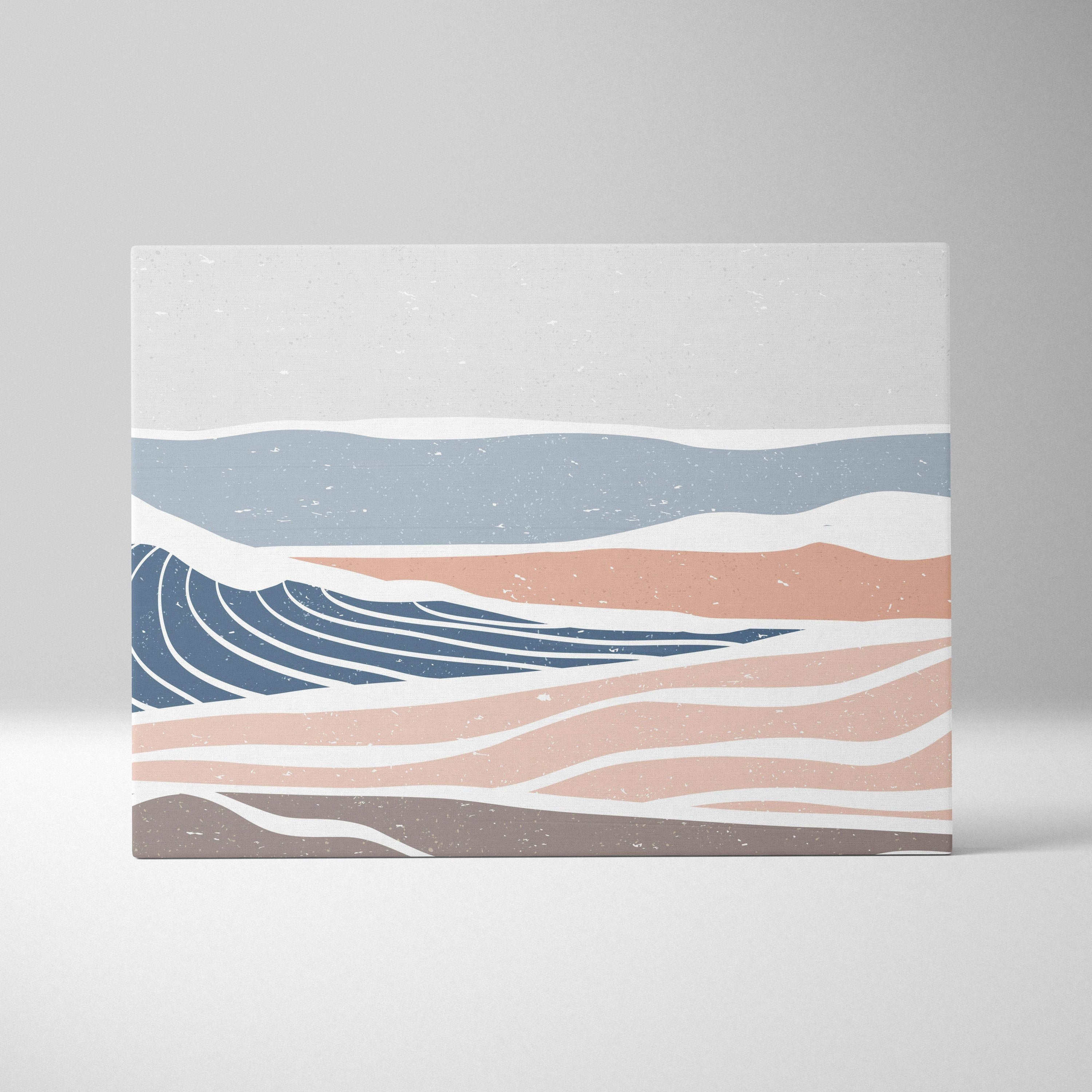 Boho coastal wave canvas wall art with layered wavy bands in blue sand and terracotta for modern beach decor