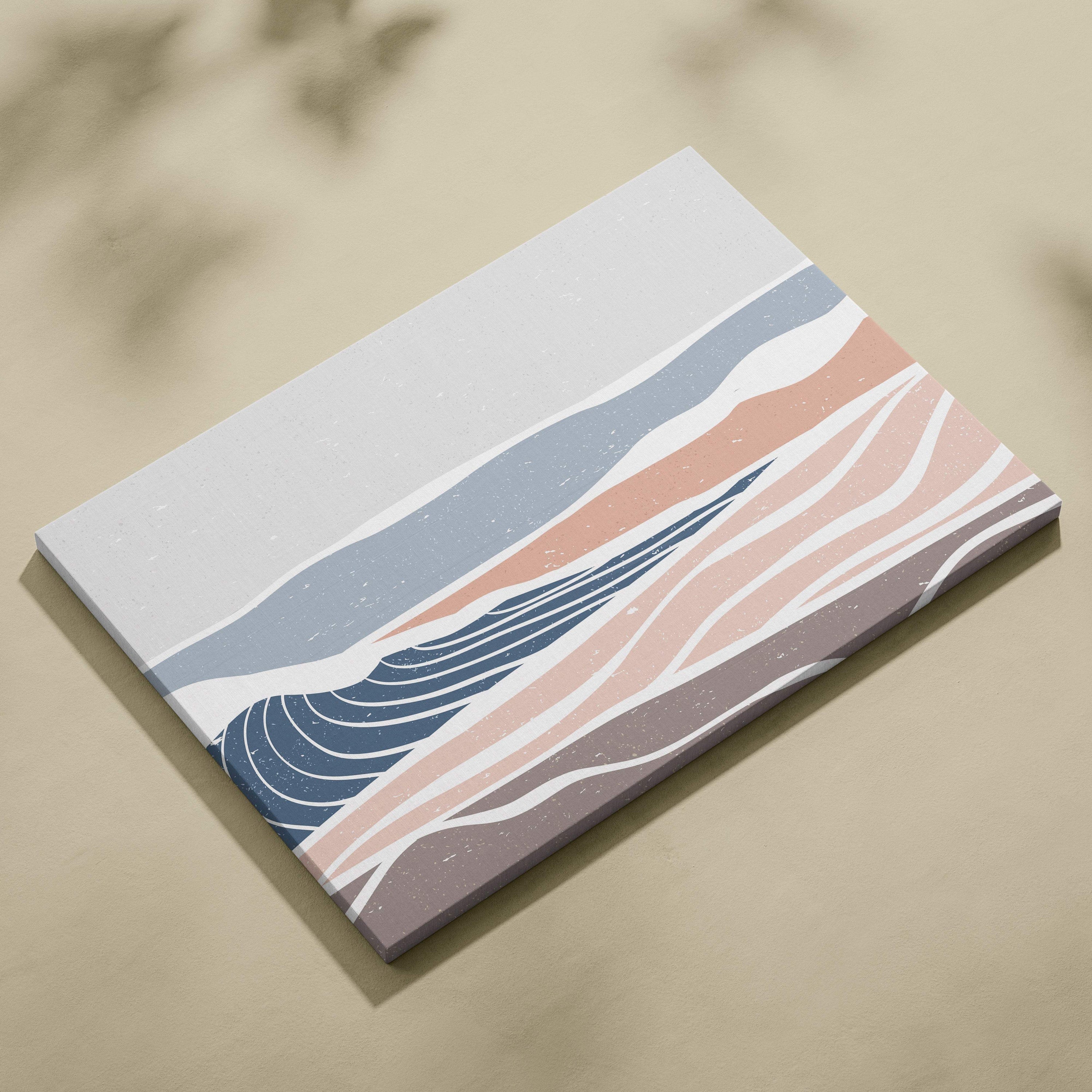 Boho coastal wave canvas wall art with abstract wavy stripes in neutral blue sand and terracotta for modern beach decor