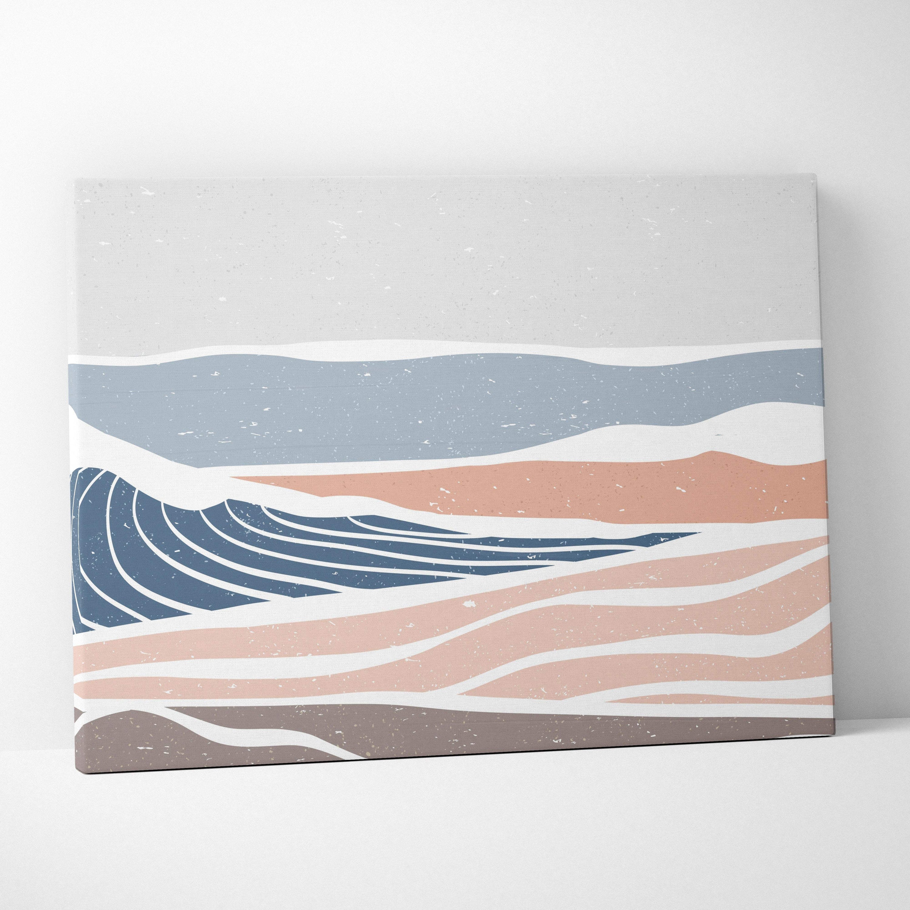 Boho coastal wave canvas wall art with layered blue peach and gray waves and a textured white border for beach decor