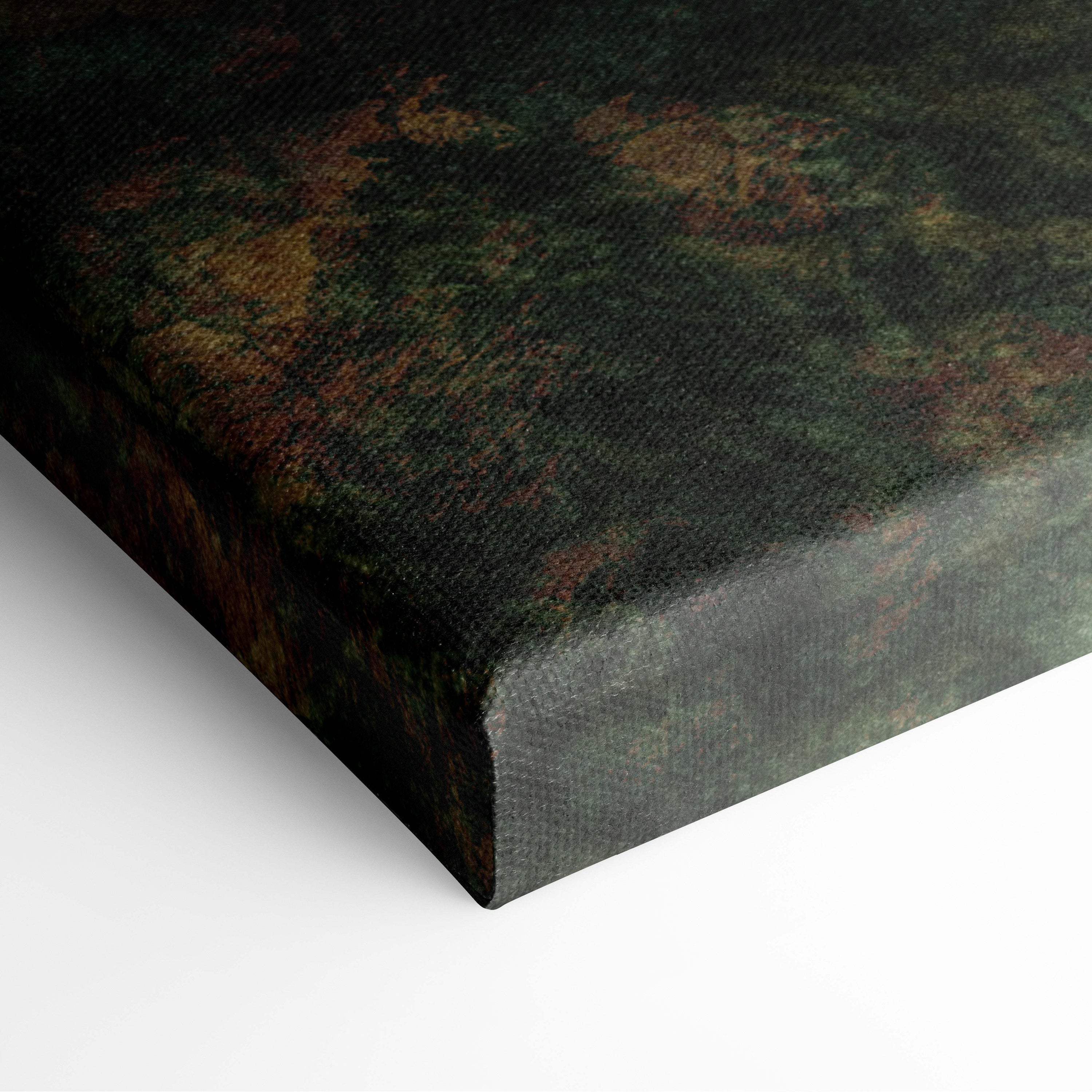 Dark green canvas wall art with textured earthy tones and rust accents depicting glowing green mystic gateway