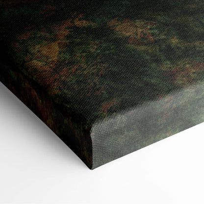 Dark green canvas wall art with textured earthy tones and rust accents depicting glowing green mystic gateway