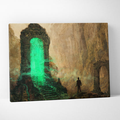 Dark fantasy portal canvas wall art featuring a lone figure before a glowing green stone archway in ancient ruins