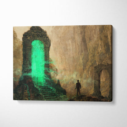 Canvas print of a lone figure before a glowing green ancient stone archway in moody dark fantasy style