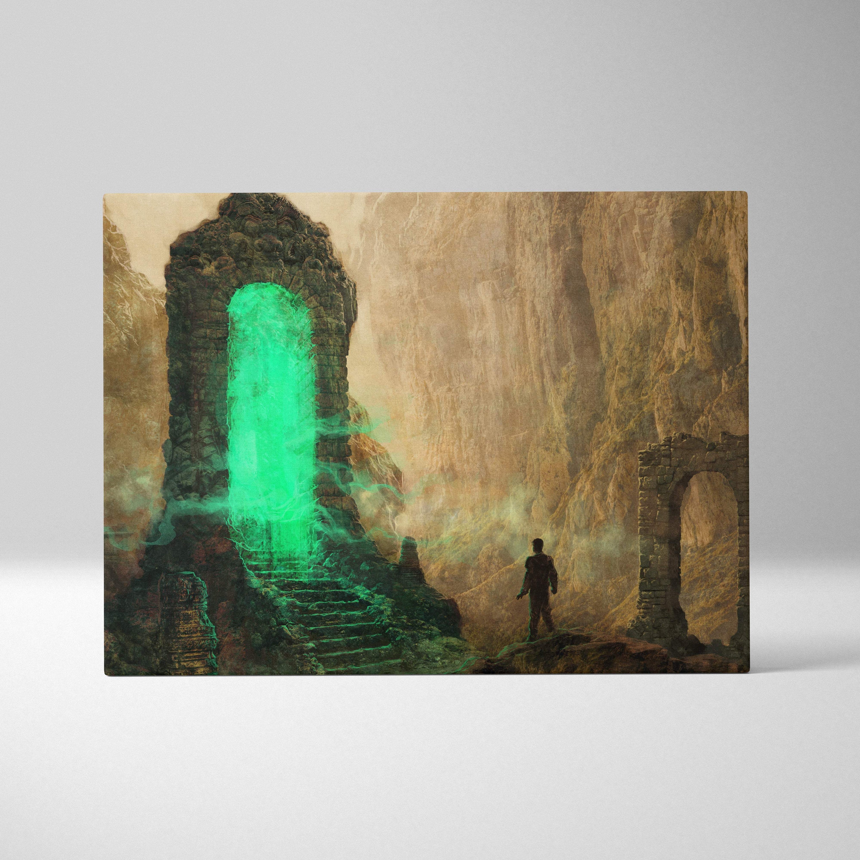 Dark fantasy portal canvas wall art showing a lone figure before an ancient stone archway glowing with emerald light