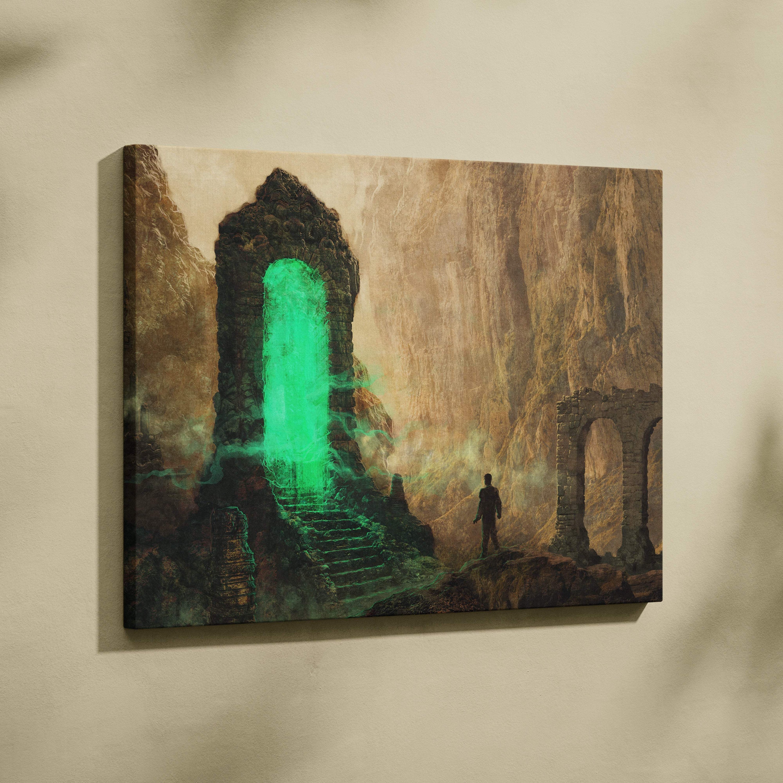 Dark fantasy portal canvas wall art showing a lone figure before a glowing green stone archway in ancient ruins