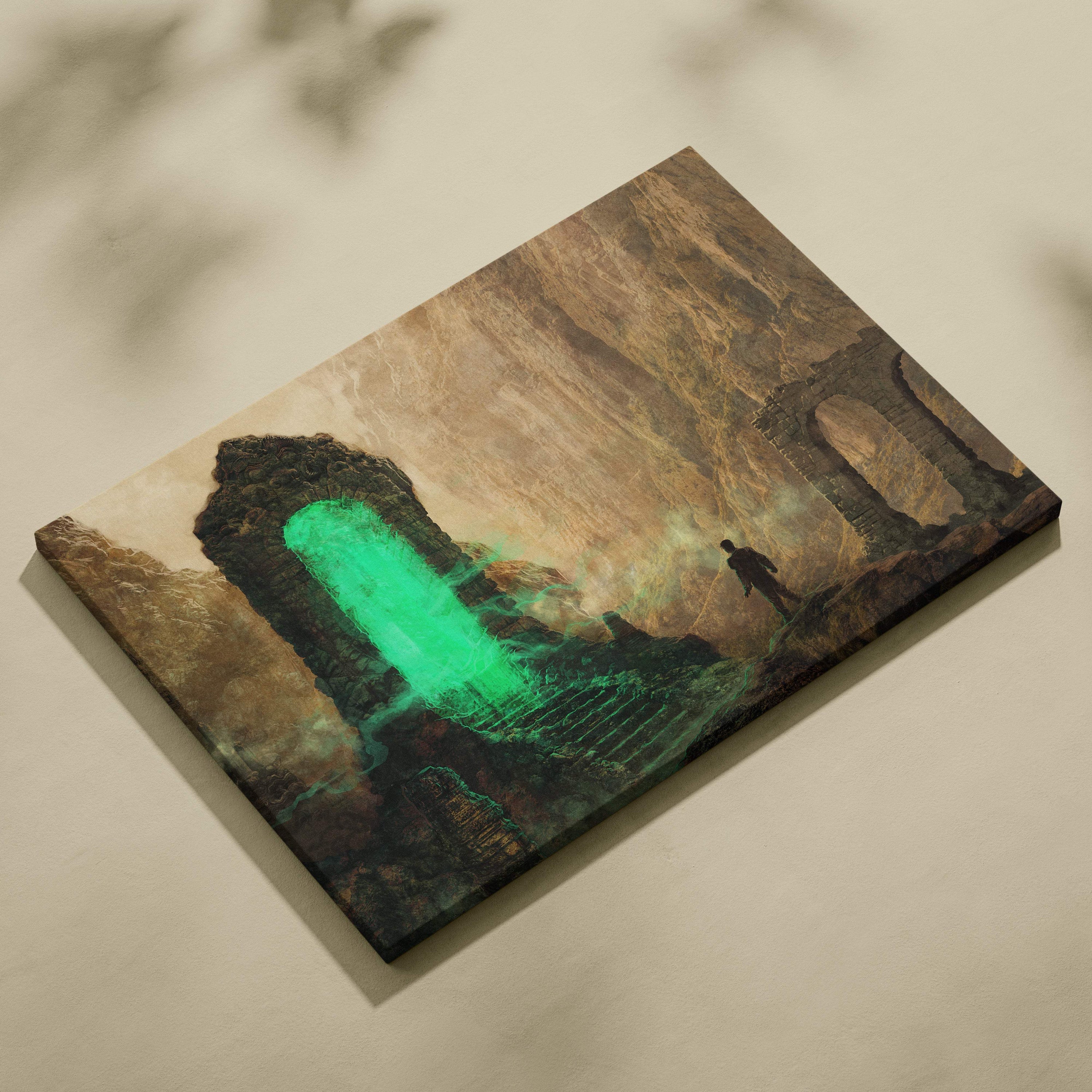 Dark fantasy portal canvas wall art featuring glowing green water cascading through ancient stone ruins in moody earth tones