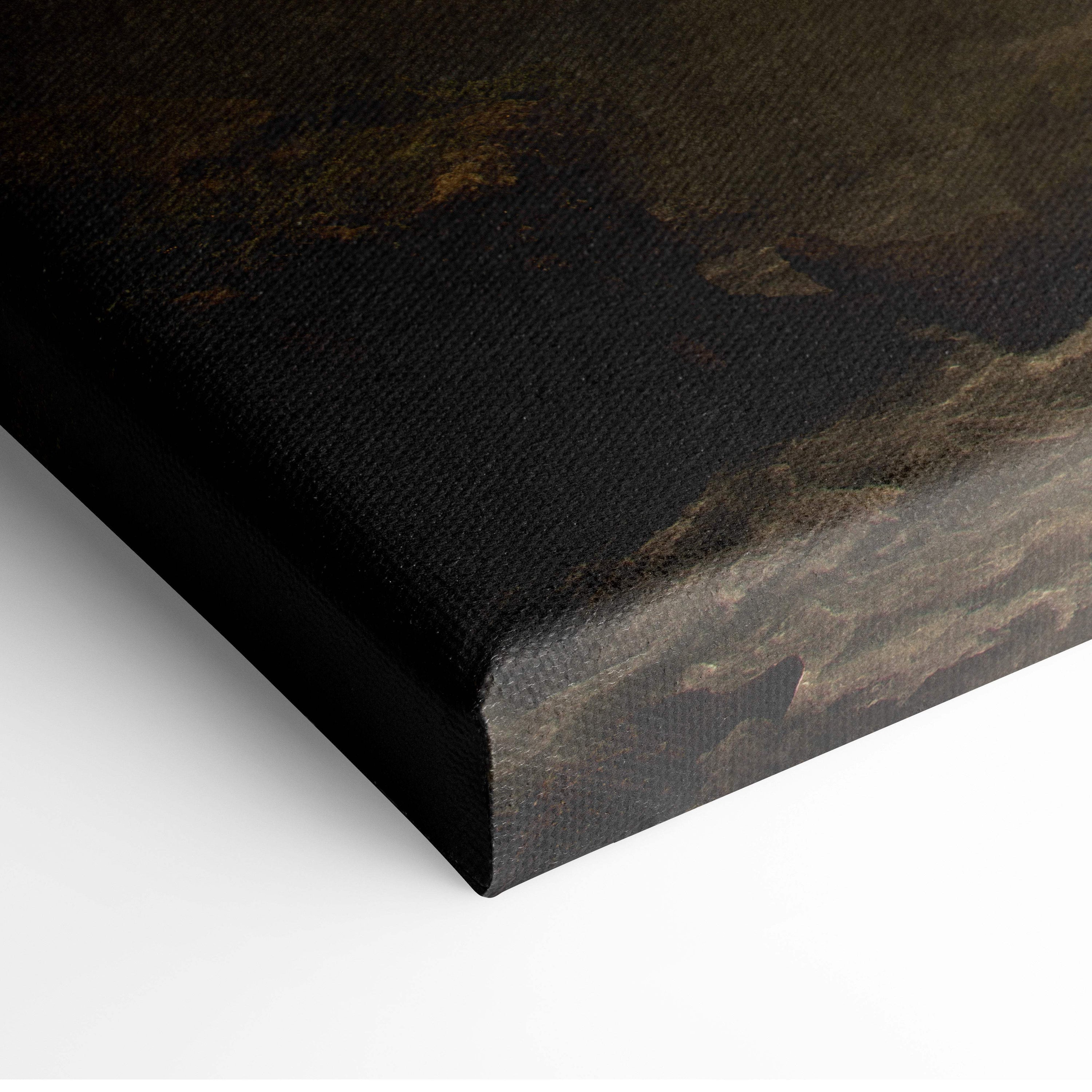 Brown medieval castle canvas wall art with textured black surface featuring dark earthy gothic fantasy landscape decor