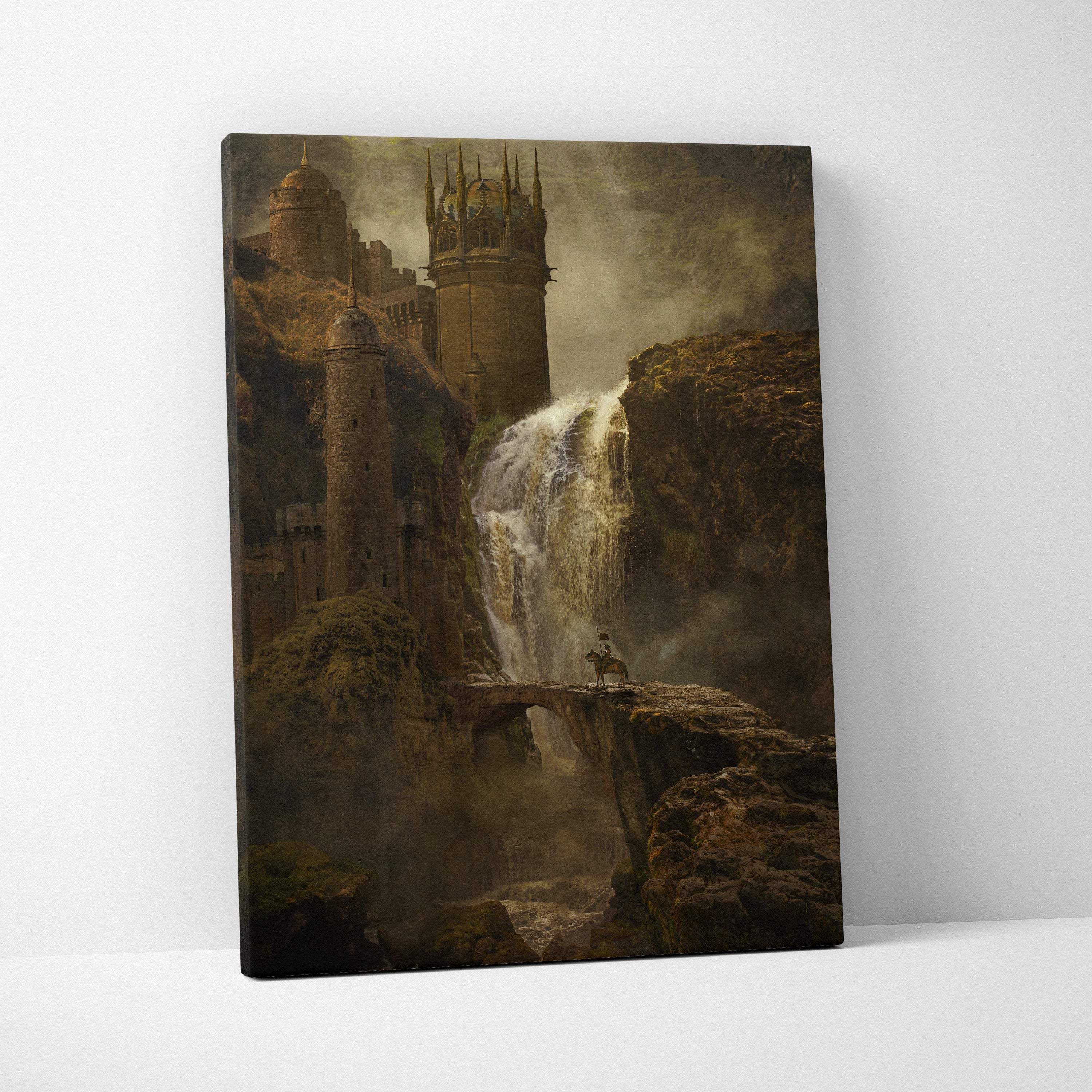 Brown medieval castle canvas wall art featuring dark fantasy waterfall and moody gothic kingdom for gaming room decor
