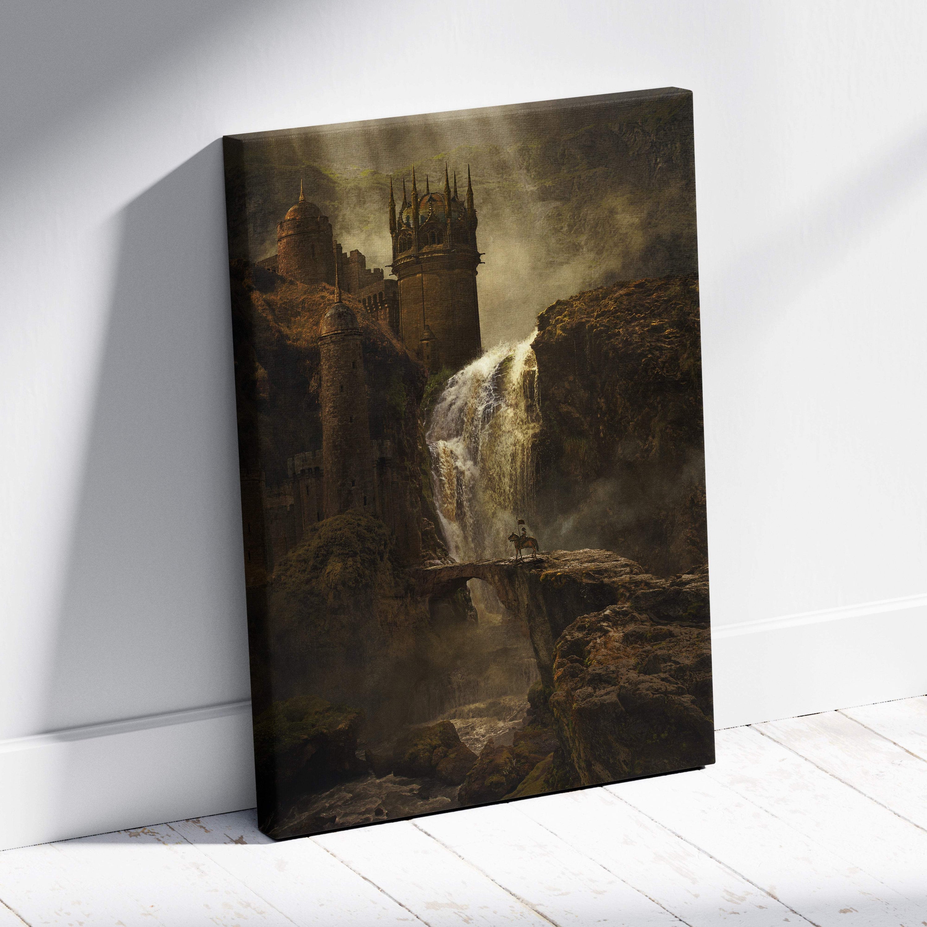 Brown medieval castle canvas wall art featuring a dark fantasy gothic castle and waterfall for gaming room decor