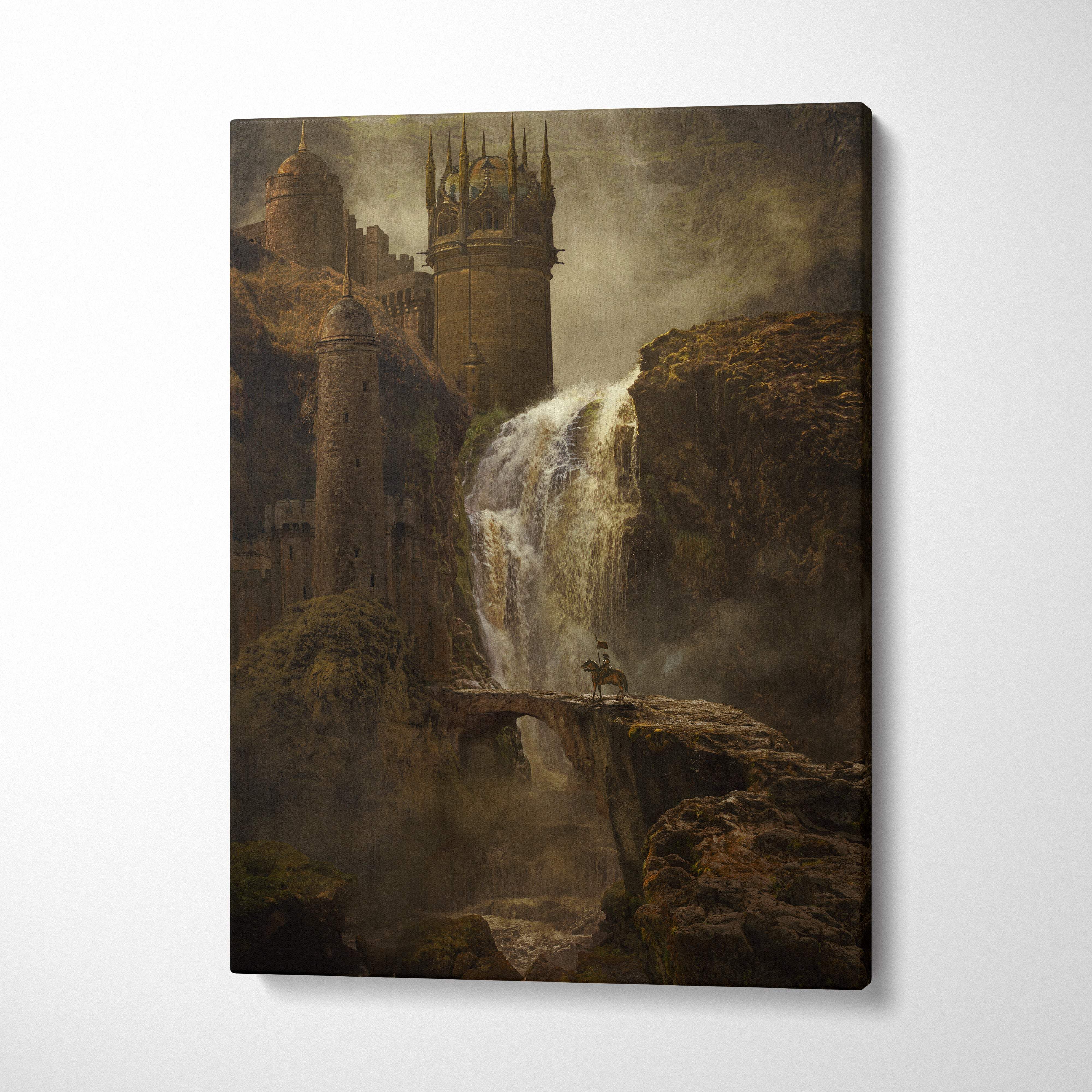 Brown medieval castle canvas wall art featuring a dark fantasy waterfall landscape for gaming room or man cave decor