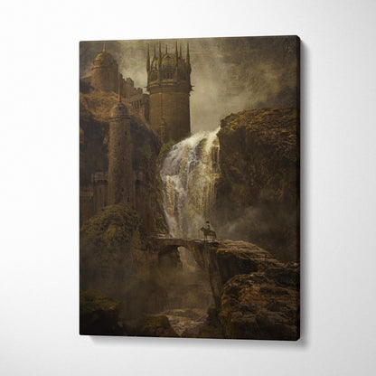 Brown medieval castle canvas wall art featuring a dark fantasy waterfall landscape for gaming room or man cave decor