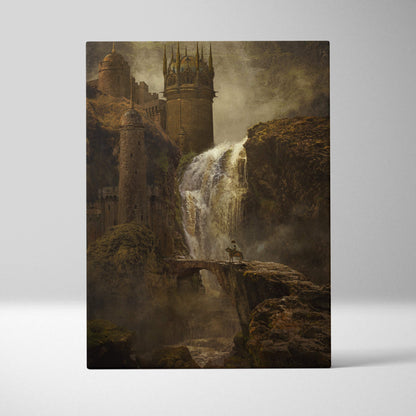 Brown medieval castle canvas print featuring stone towers waterfalls and misty cliffs for gaming room decor